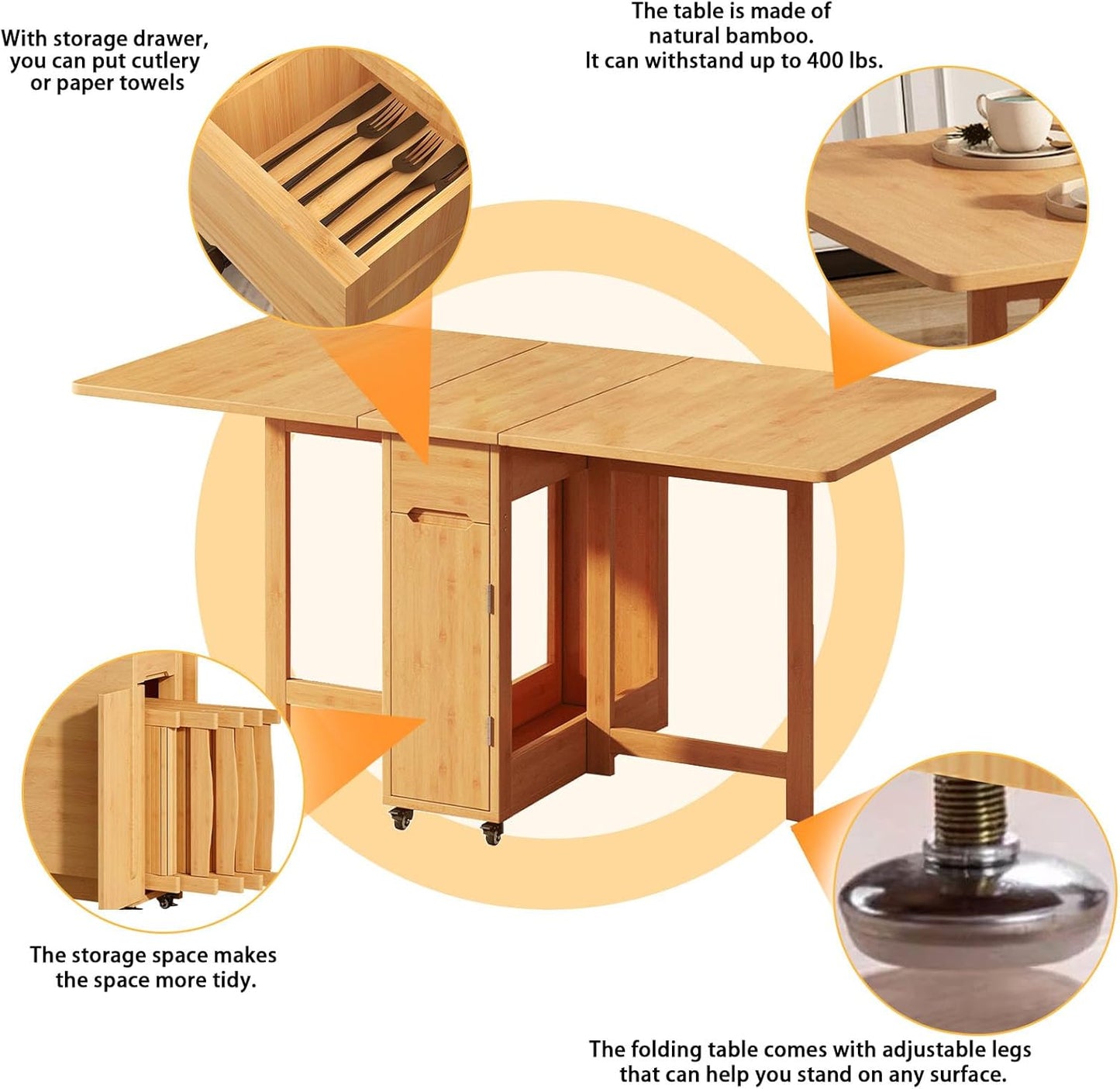Folding Dining Table Set for 4,Drop Leaf Tables with Foldable Chairs Bamboo Collapsible Dinette Table for Saving Small Spaces Kitchen Dining Room,No Assembly Required(Wood)
