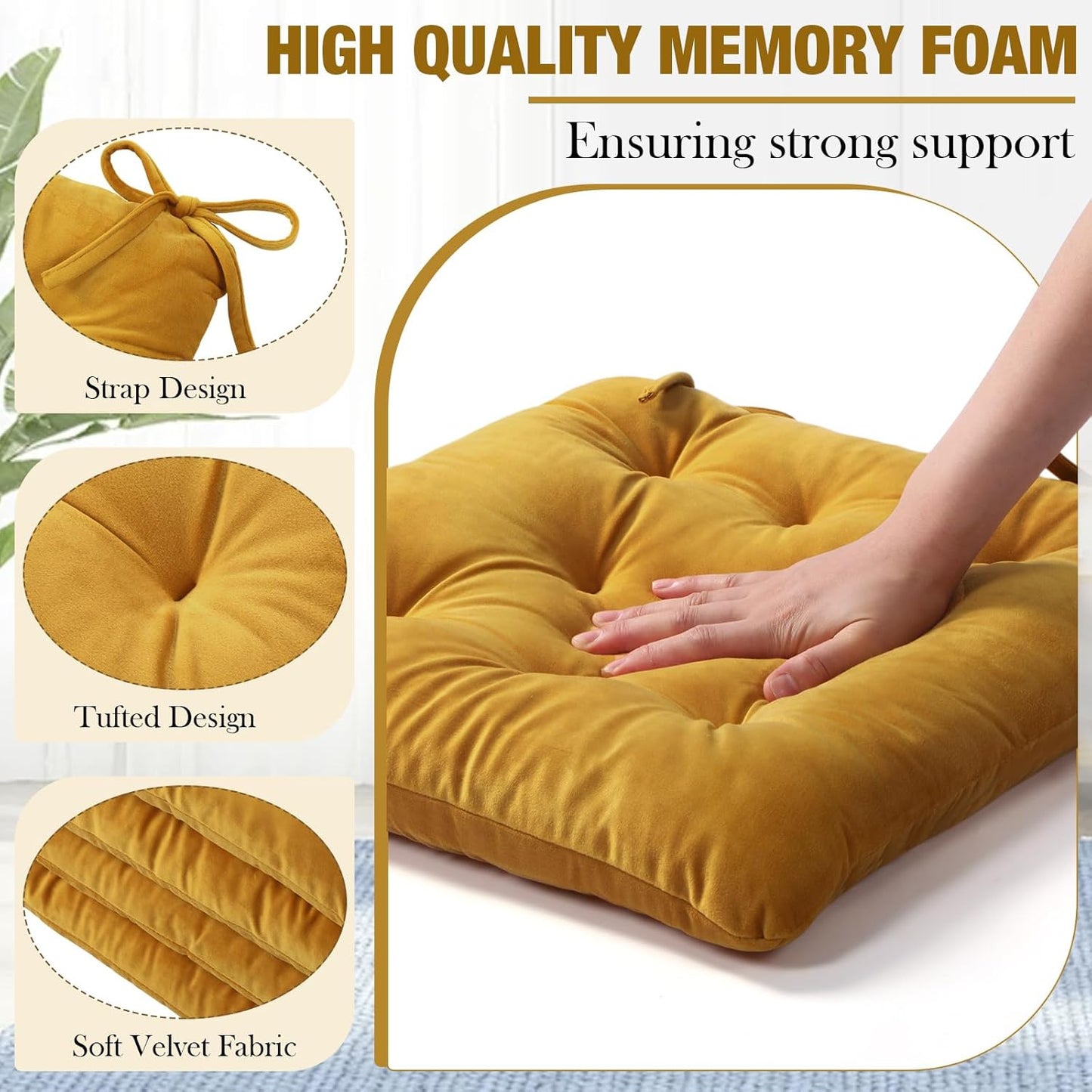 Nuanchu Memory Foam Chair Cushions Set of 4, Thick Indoor Seat Cushions for Dining Chairs Tufted Seat Pads for Kitchen, Dining Room, Office,(Turmeric Yellow,15.5"x15.5"x4")