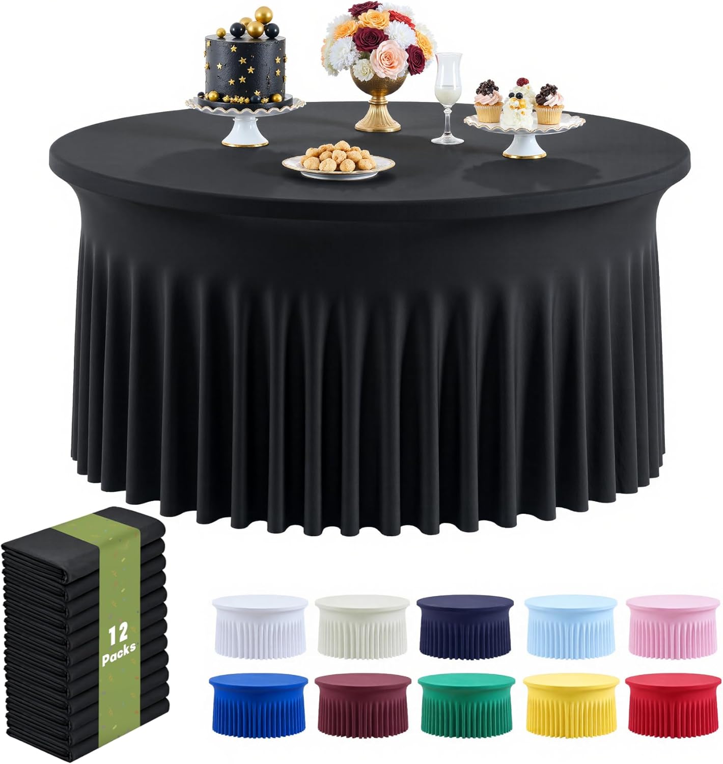 Outpain 6 Pack Black Round Spandex Tablecloth for 60 Inch/5FT Tables - Stretchy Table Cloth with Skirt, Wrinkle-Free Fitted Cloth for Wedding Vendor, Banquet & Graduation Decor (120" Round)