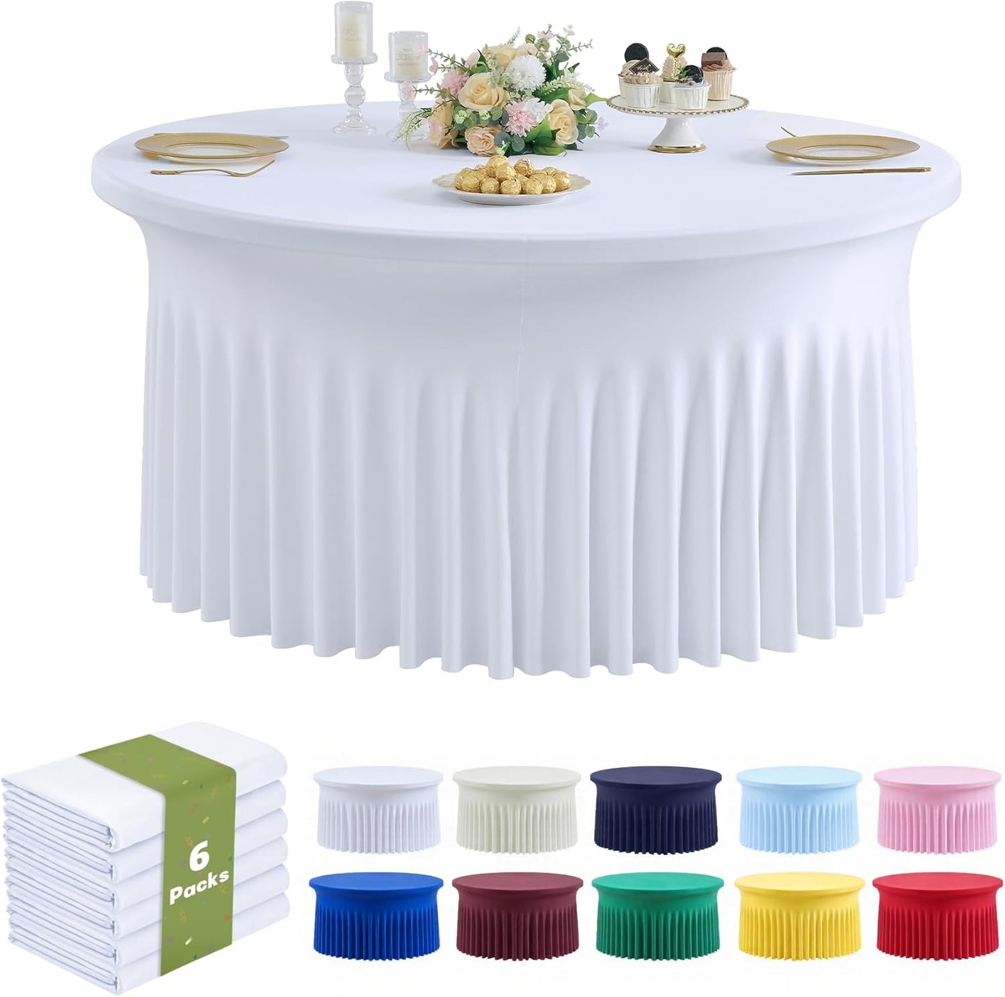 Outpain 6 Pack Black Round Spandex Tablecloth for 60 Inch/5FT Tables - Stretchy Table Cloth with Skirt, Wrinkle-Free Fitted Cloth for Wedding Vendor, Banquet & Graduation Decor (120" Round)
