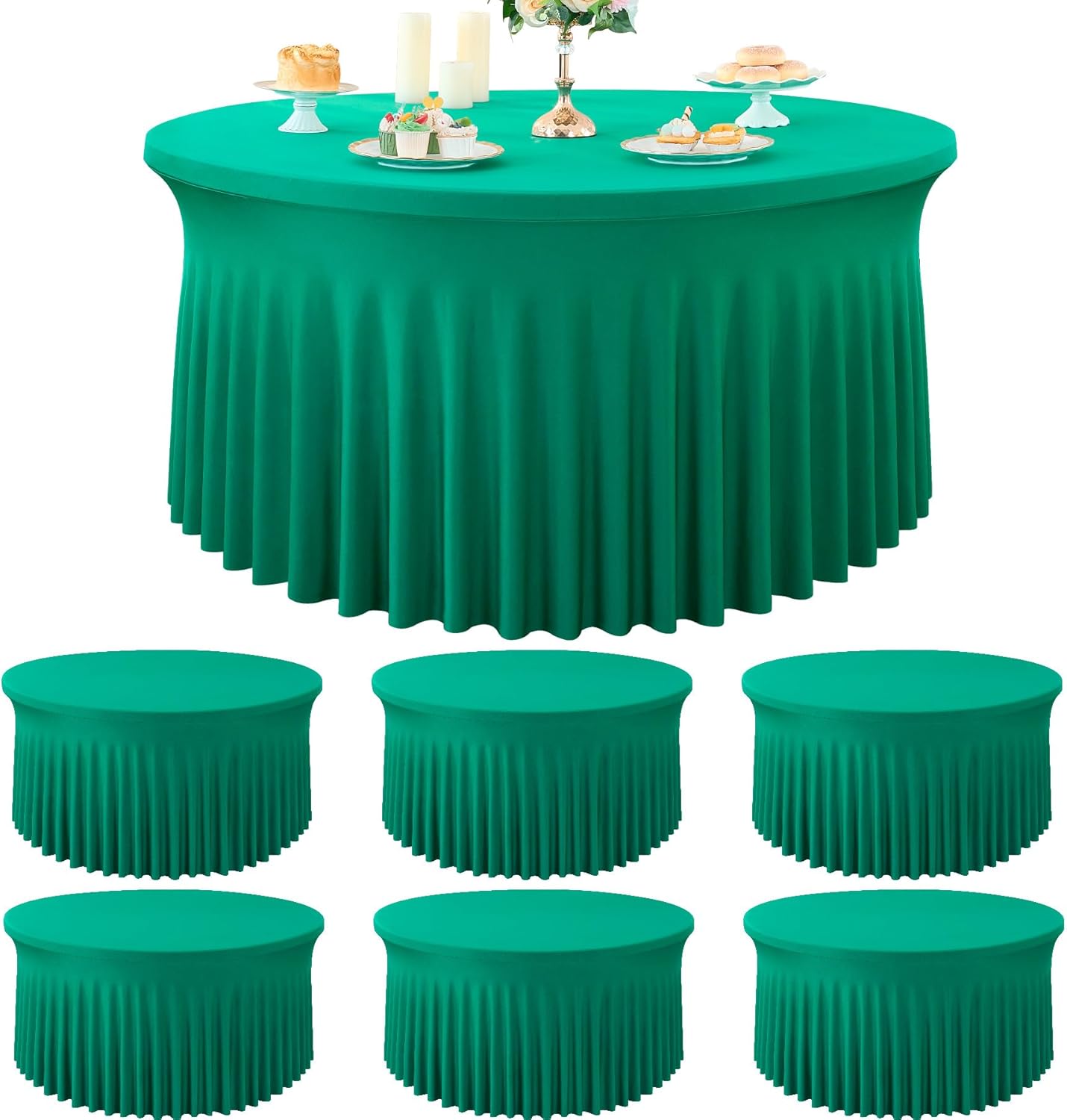 8 Pack White Round Spandex Tablecloth for 60 inch Table, Wrinkle Free Stretchy 120inch Fitted 5FT Round Table Cloths Cover with Skirt for Wedding Birthday Party Dining Banquet Events
