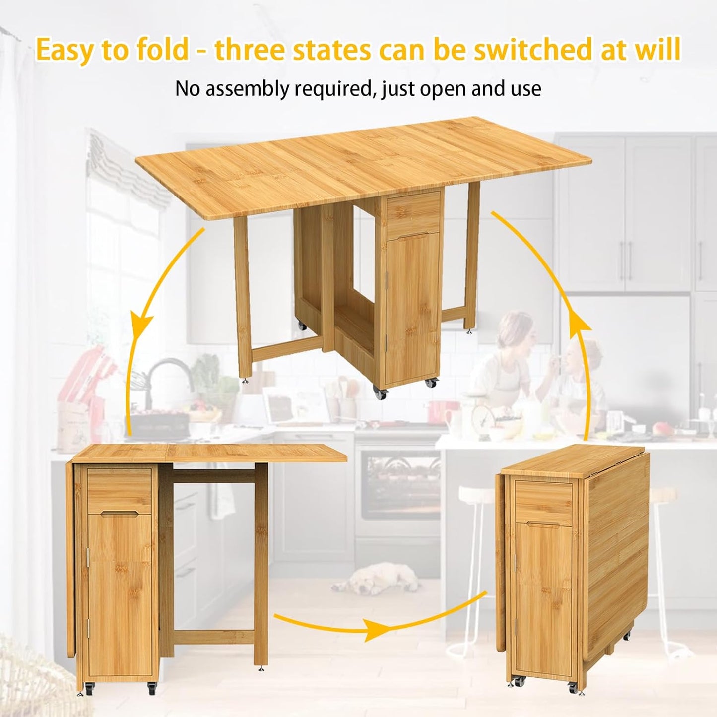 Folding Dining Table Set for 4 with Chairs,Saving Spaces Foldable Drop-Leaf Table Bamboo Collapsible Dinette with Storage for Small Spaces Dining Room Kitchen,No Assembly Required(Wood Color)