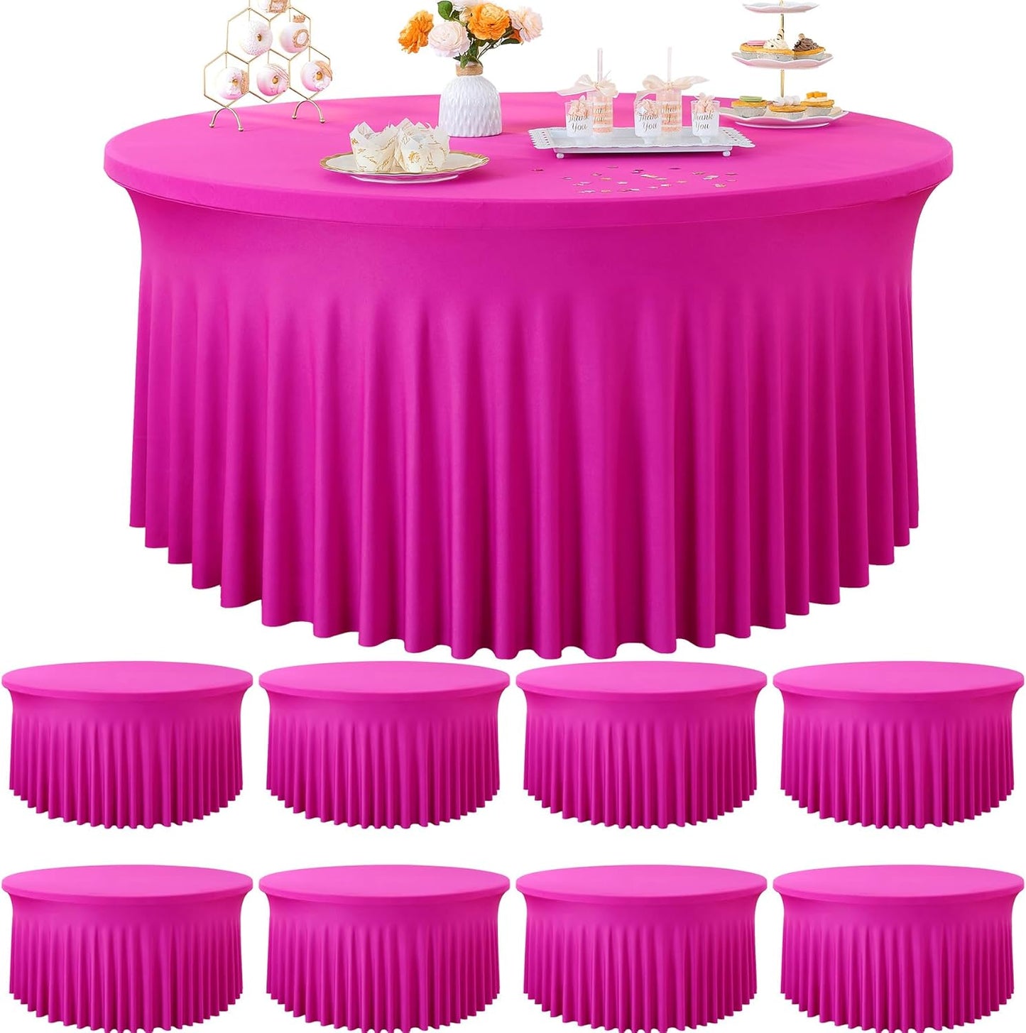 8 Pack White Round Spandex Tablecloth for 60 inch Table, Wrinkle Free Stretchy 120inch Fitted 5FT Round Table Cloths Cover with Skirt for Wedding Birthday Party Dining Banquet Events