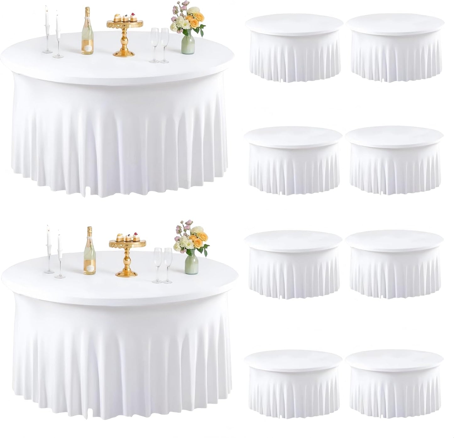 8 Pack White Round Spandex Tablecloth for 60inch Tables, 120 Inch Stretchy Fitted 5FT Round Table Clothes Wrinkle Free Washable Table Covers Skirt for Wedding Birthday Party Dining Banquet