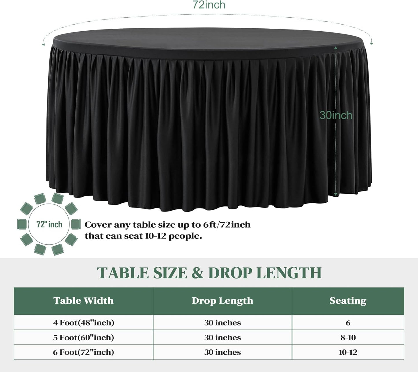 72Inch Black Round Tablecloth,8 Pack Wrinkle Resistant 6ft Spandex Tablecloth,Washable Stretchy Polyester Table Cloth Round Cover for Dining Table,Wedding,Reception Banquet, Birthday Party, Buffet