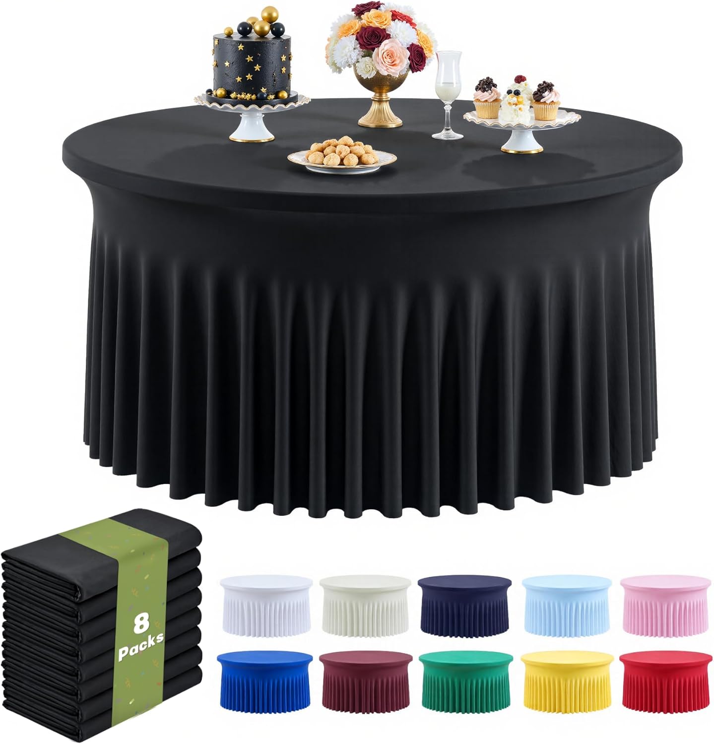 Outpain 6 Pack Black Round Spandex Tablecloth for 60 Inch/5FT Tables - Stretchy Table Cloth with Skirt, Wrinkle-Free Fitted Cloth for Wedding Vendor, Banquet & Graduation Decor (120" Round)