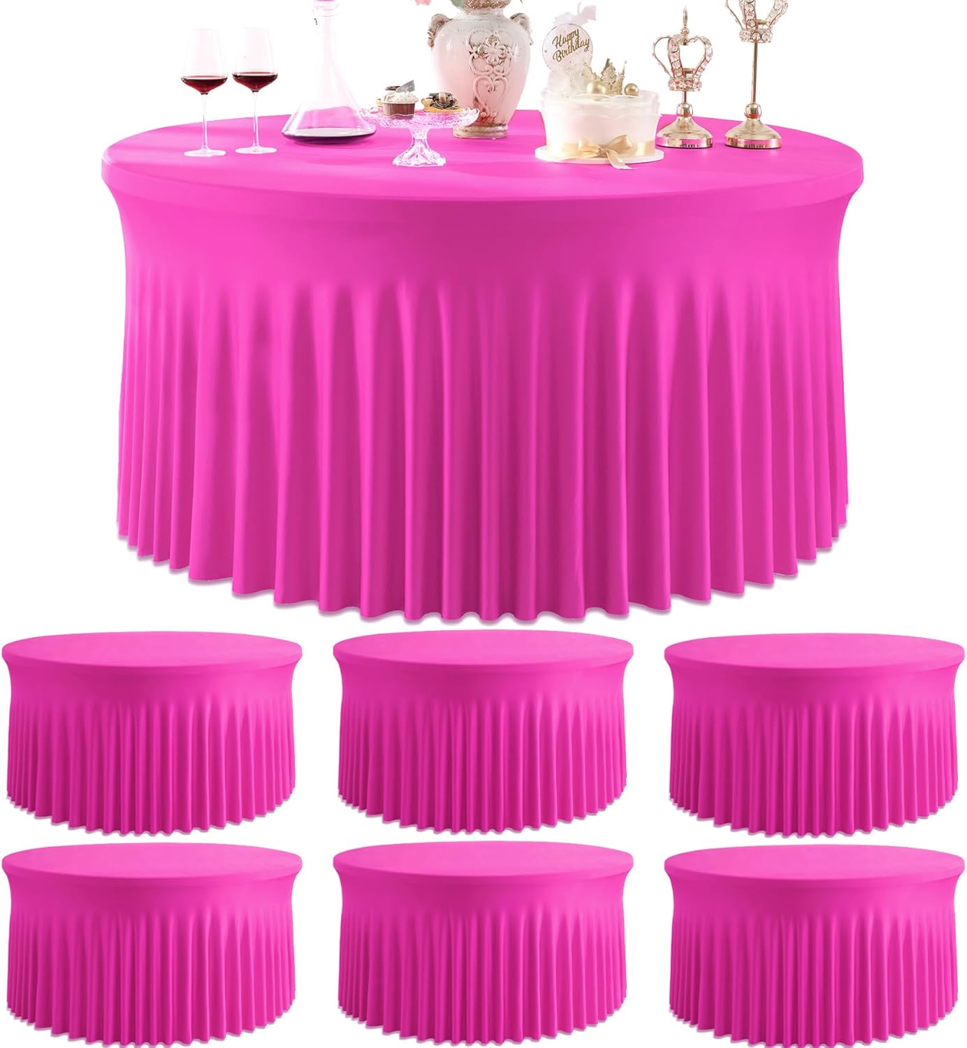 8 Pack White Round Spandex Tablecloth for 60 inch Table, Wrinkle Free Stretchy 120inch Fitted 5FT Round Table Cloths Cover with Skirt for Wedding Birthday Party Dining Banquet Events