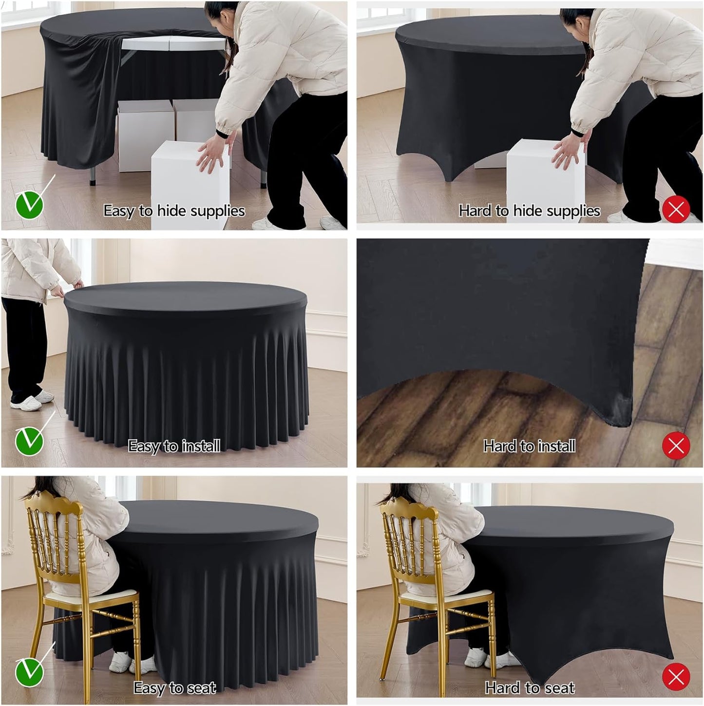 Outpain 6 Pack Black Round Spandex Tablecloth for 60 Inch/5FT Tables - Stretchy Table Cloth with Skirt, Wrinkle-Free Fitted Cloth for Wedding Vendor, Banquet & Graduation Decor (120" Round)