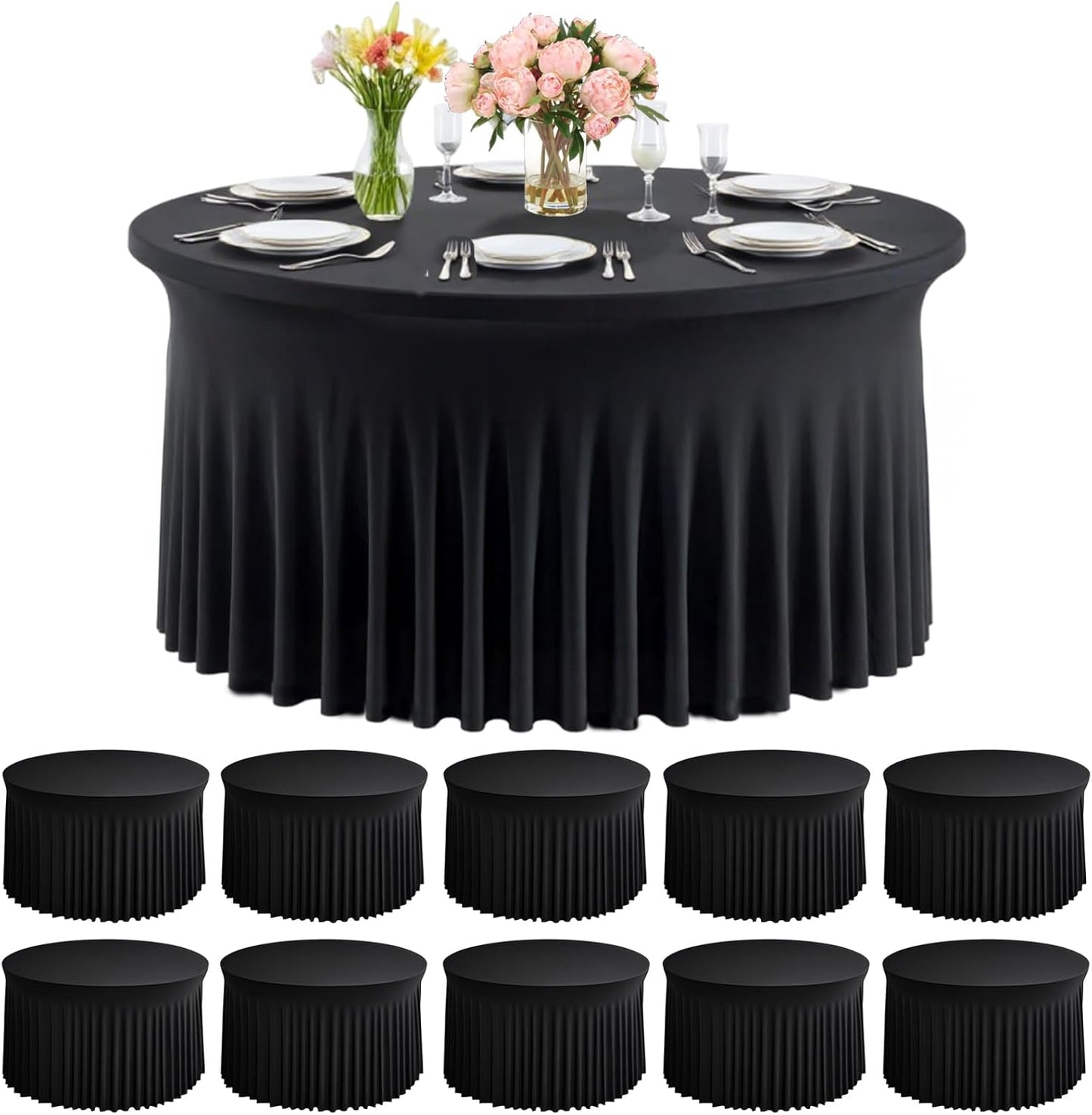 8 Pack White Round Spandex Tablecloths for 60 inch Table, 120 Inch Spandex Fitted Tablecloths, Wrinkle Free Washable Polyester Tablecloth for Wedding, Party, Birthday, Home Decoration