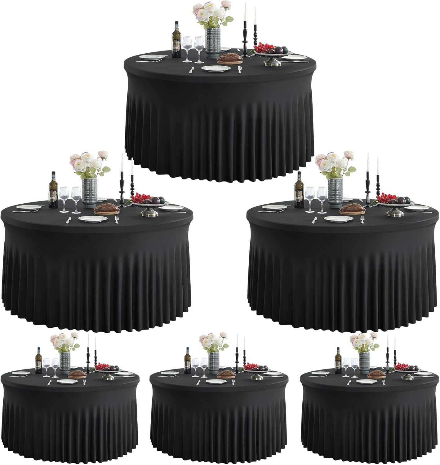 Outpain 6 Pack Black Round Spandex Tablecloth for 60 Inch/5FT Tables - Stretchy Table Cloth with Skirt, Wrinkle-Free Fitted Cloth for Wedding Vendor, Banquet & Graduation Decor (120" Round)