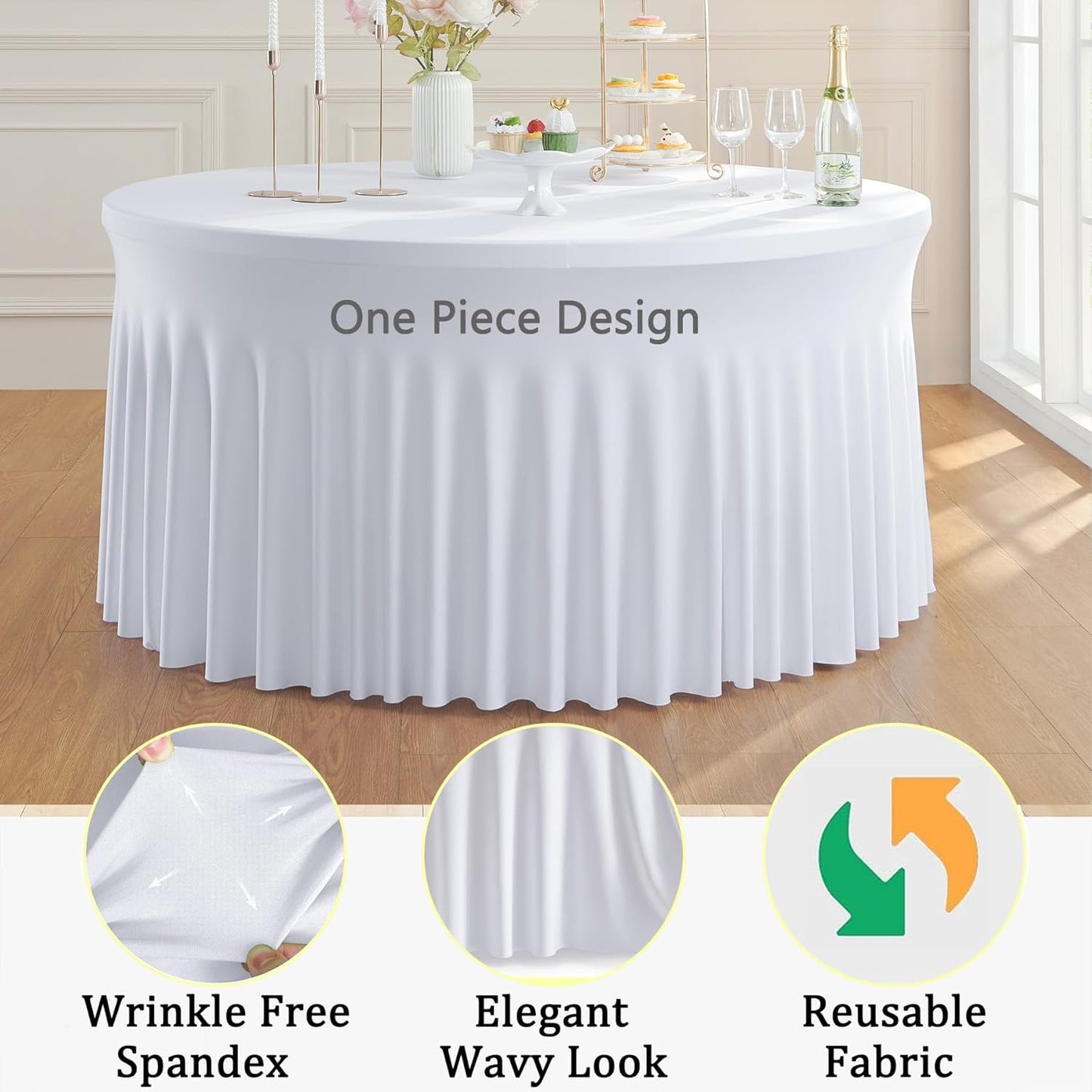 8 Pack White Round Spandex Tablecloth for 60 inch Table, Wrinkle Free Stretchy 120inch Fitted 5FT Round Table Cloths Cover with Skirt for Wedding Birthday Party Dining Banquet Events
