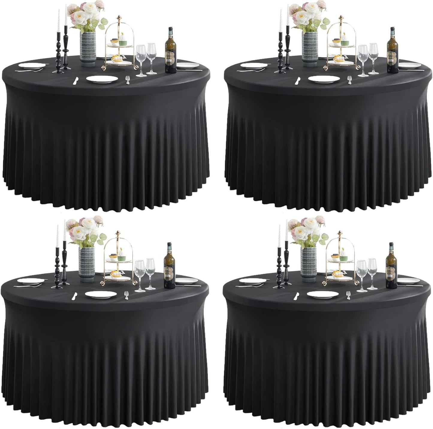 8 Pack White Round Spandex Tablecloth for 60 inch Table, Wrinkle Free Stretchy 120inch Fitted 5FT Round Table Cloths Cover with Skirt for Wedding Birthday Party Dining Banquet Events