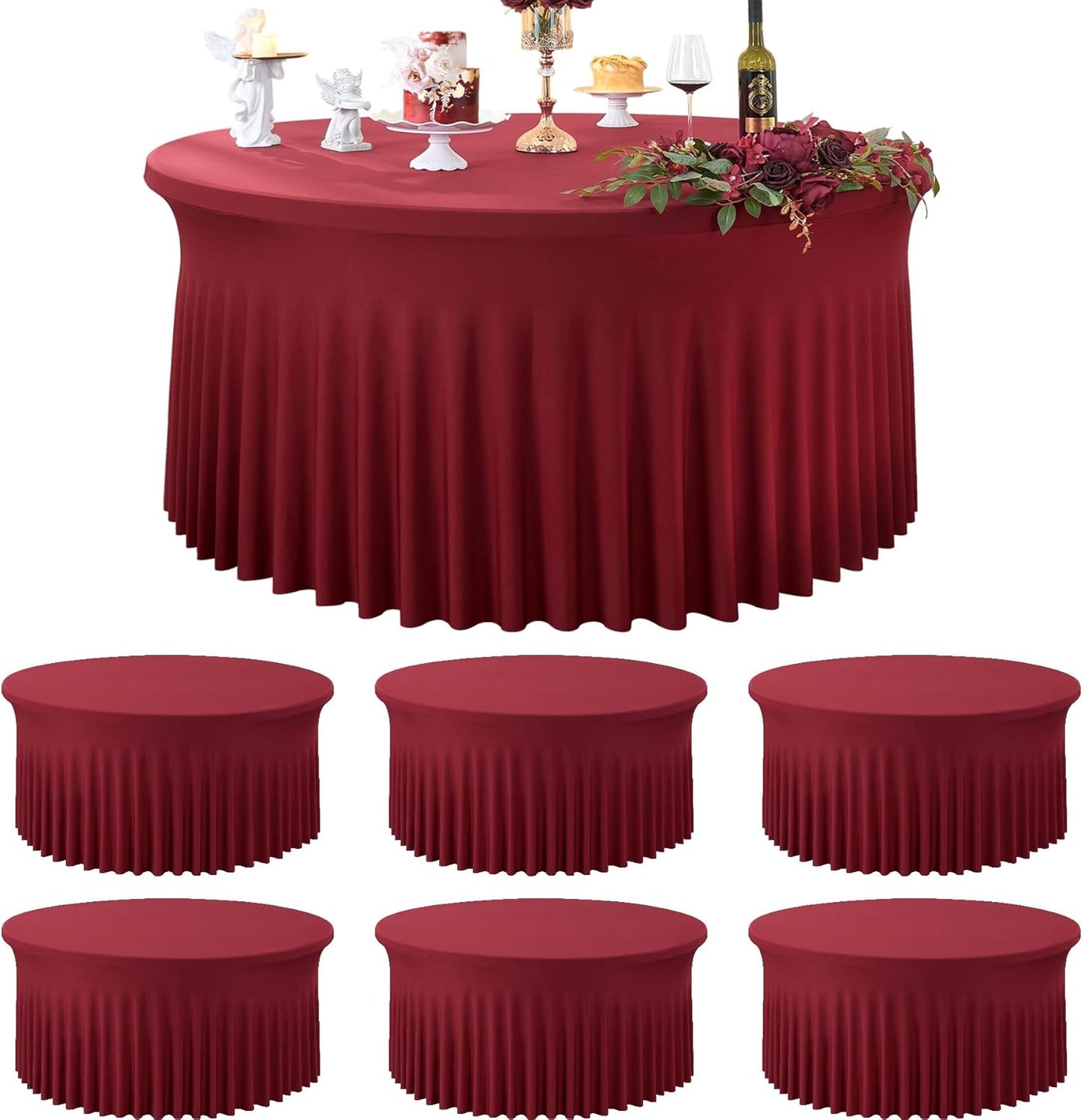 8 Pack White Round Spandex Tablecloth for 60 inch Table, Wrinkle Free Stretchy 120inch Fitted 5FT Round Table Cloths Cover with Skirt for Wedding Birthday Party Dining Banquet Events