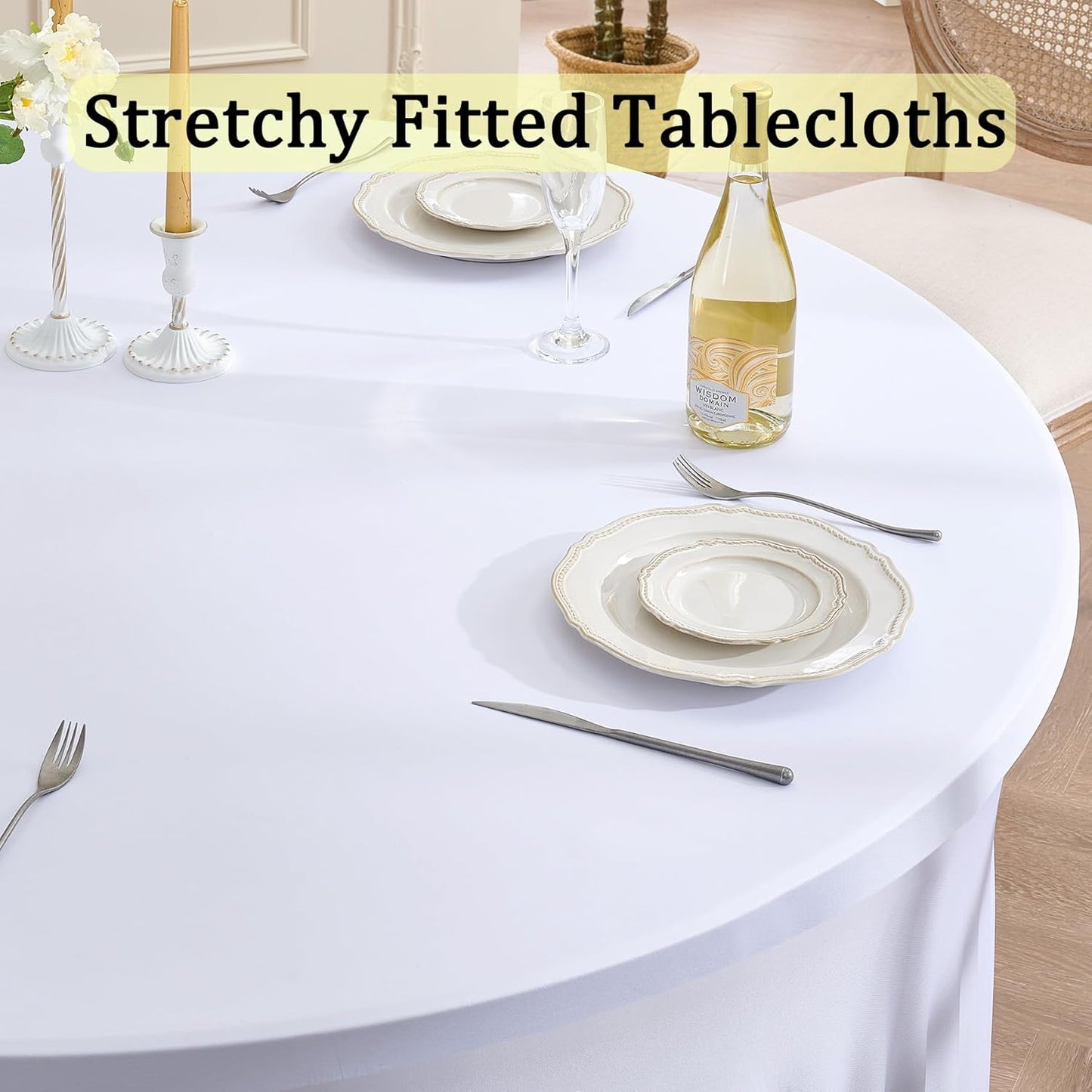 8 Pack White Round Spandex Tablecloth for 60 inch Table, Wrinkle Free Stretchy 120inch Fitted 5FT Round Table Cloths Cover with Skirt for Wedding Birthday Party Dining Banquet Events