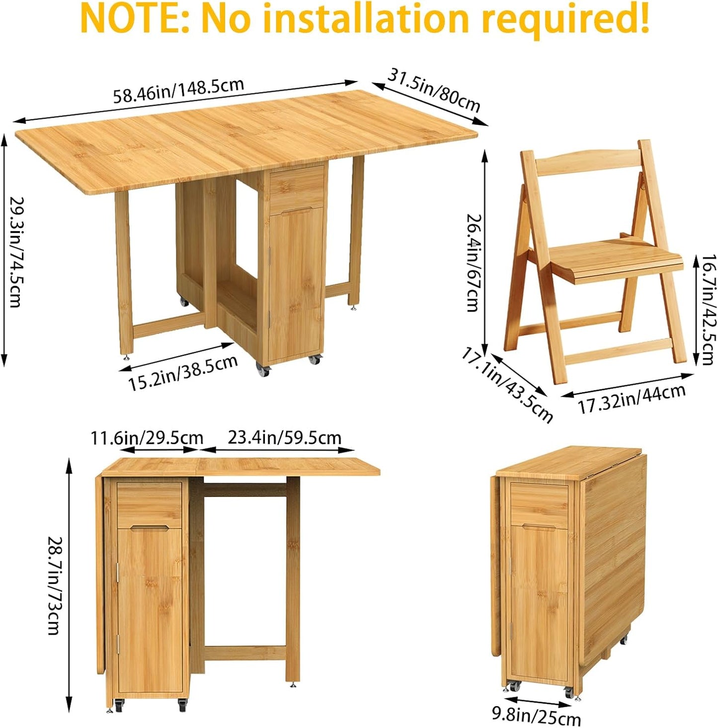 Folding Dining Table Set for 4 with Chairs,Saving Spaces Foldable Drop-Leaf Table Bamboo Collapsible Dinette with Storage for Small Spaces Dining Room Kitchen,No Assembly Required(Wood Color)