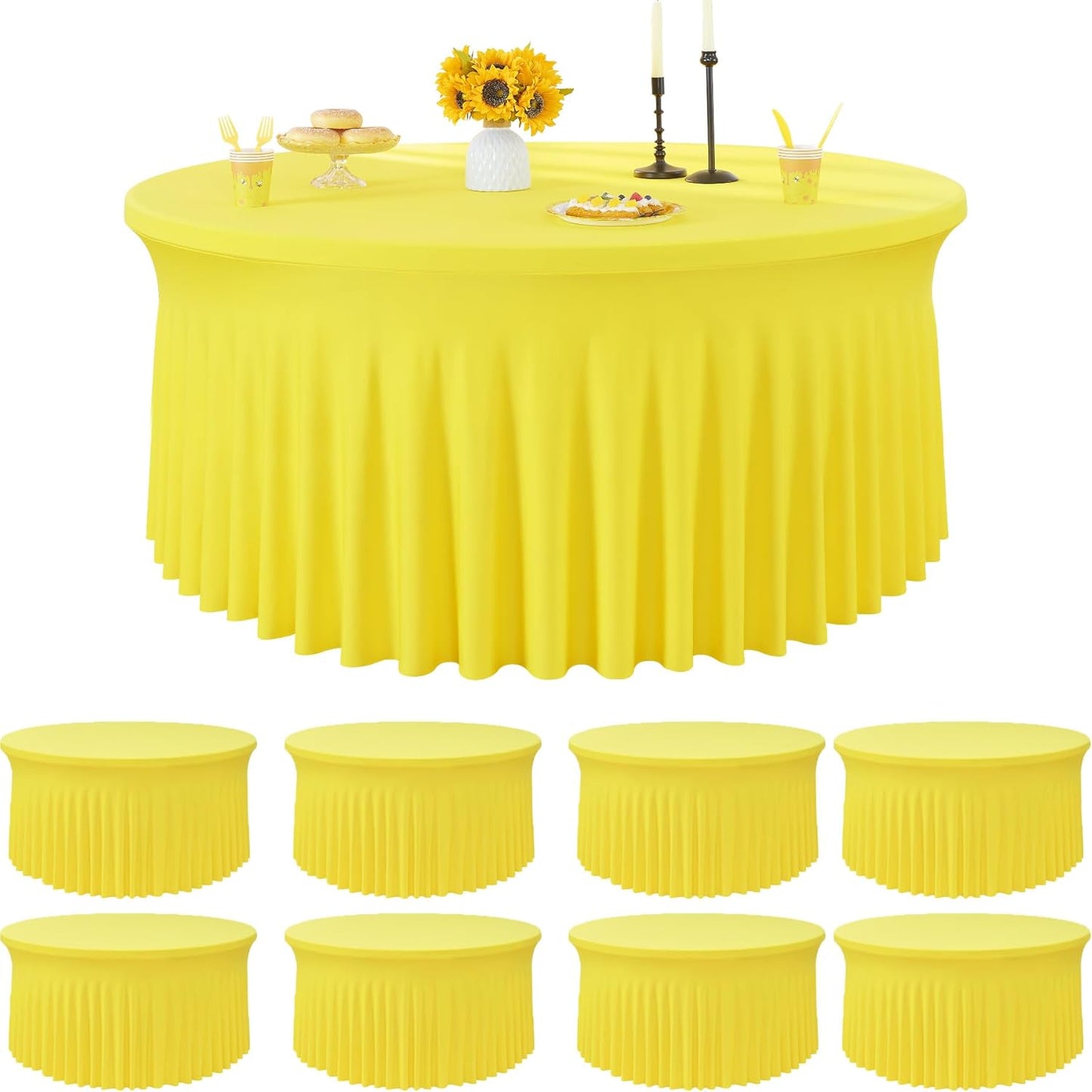 8 Pack White Round Spandex Tablecloth for 60 inch Table, Wrinkle Free Stretchy 120inch Fitted 5FT Round Table Cloths Cover with Skirt for Wedding Birthday Party Dining Banquet Events