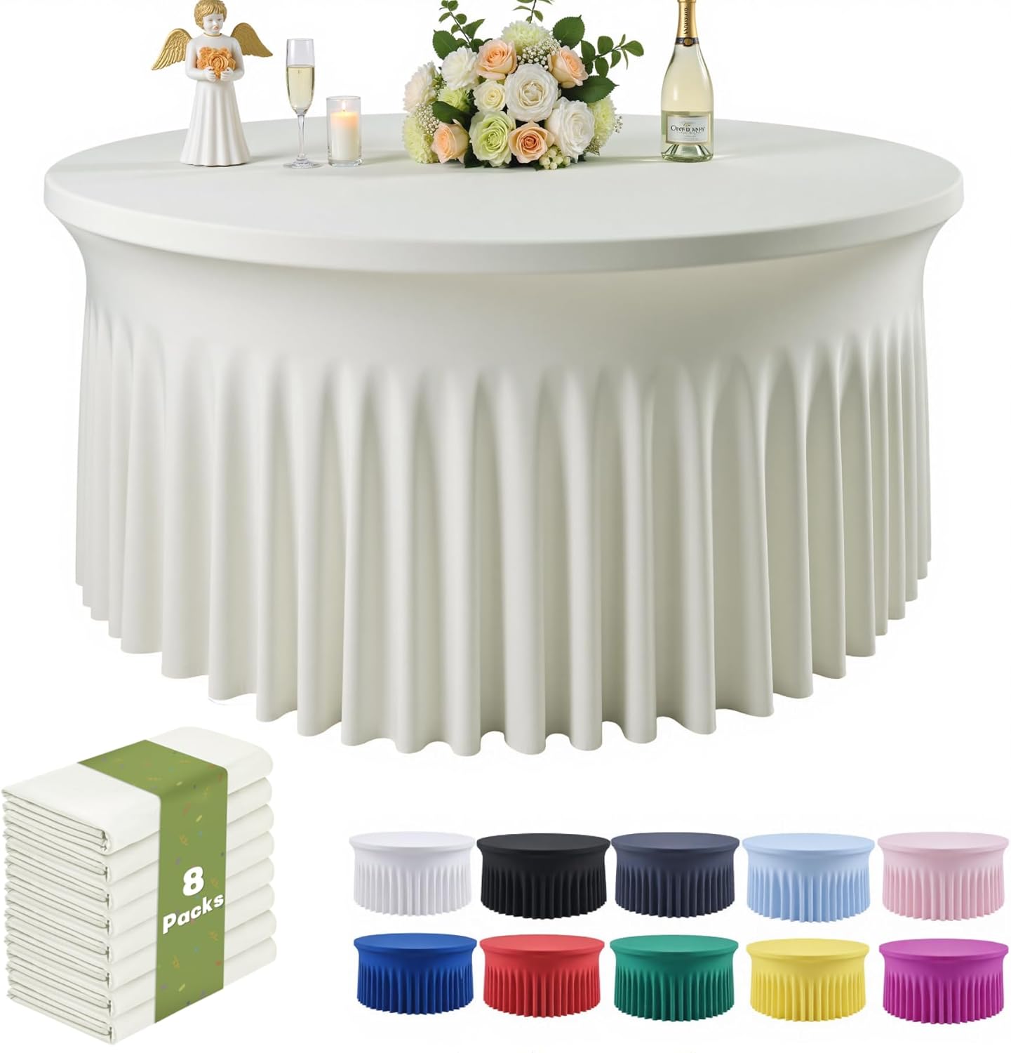 Outpain 6 Pack Black Round Spandex Tablecloth for 60 Inch/5FT Tables - Stretchy Table Cloth with Skirt, Wrinkle-Free Fitted Cloth for Wedding Vendor, Banquet & Graduation Decor (120" Round)