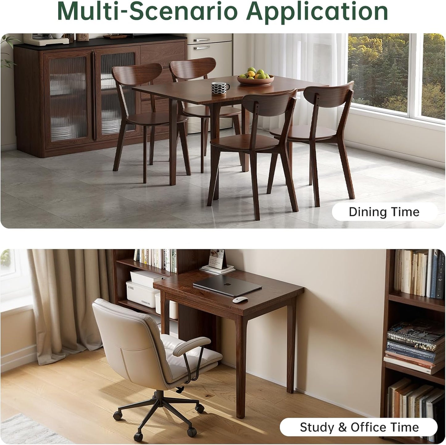 Foldable Dining Table for 4, 100% Solid Wood Folding Kitchen Table with Oak Wood Legs, Modern Dinner Table for Dining Room, Living Room, Kitchen, Small Space, Walnut