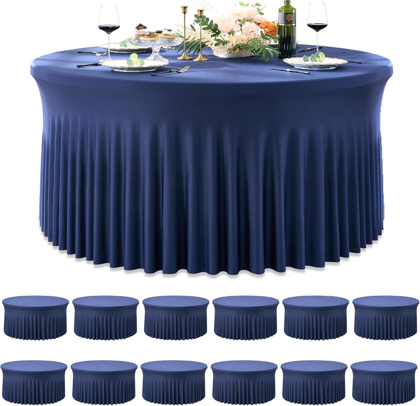 8 Pack White Round Spandex Tablecloth for 60 inch Table, Wrinkle Free Stretchy 120inch Fitted 5FT Round Table Cloths Cover with Skirt for Wedding Birthday Party Dining Banquet Events