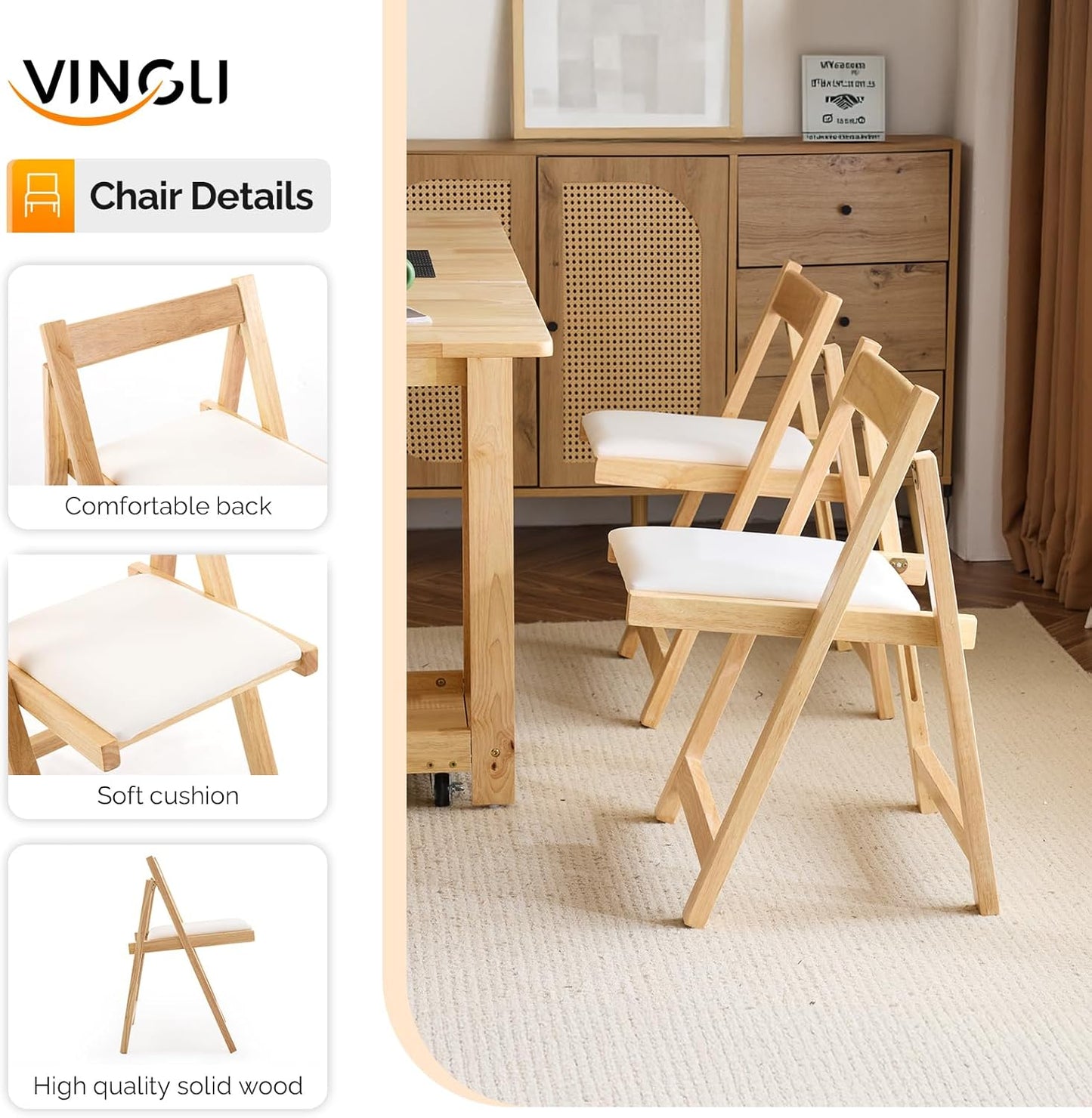 VINGLI 5-Piece Folding Dining Table Set, Extendable Drop Leaf Solid Wood Table with 4 Chairs, Drawers & Wheels, Space-Saving Design for Kitchen, Natural