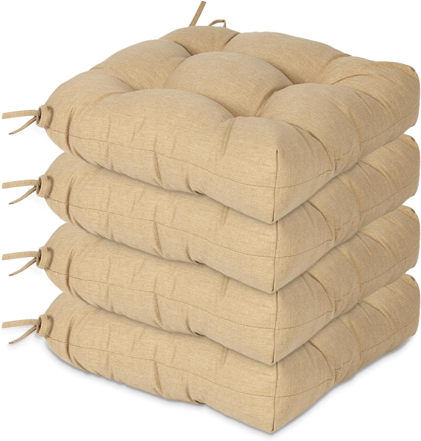 Aoodor 19" x 19" x 5" Tufted Outdoor Chair Cushions, Water Resistant & Fade Resistant Polyester Dining Chair Pads with 2 Straps for Patio Furniture, Set of 4