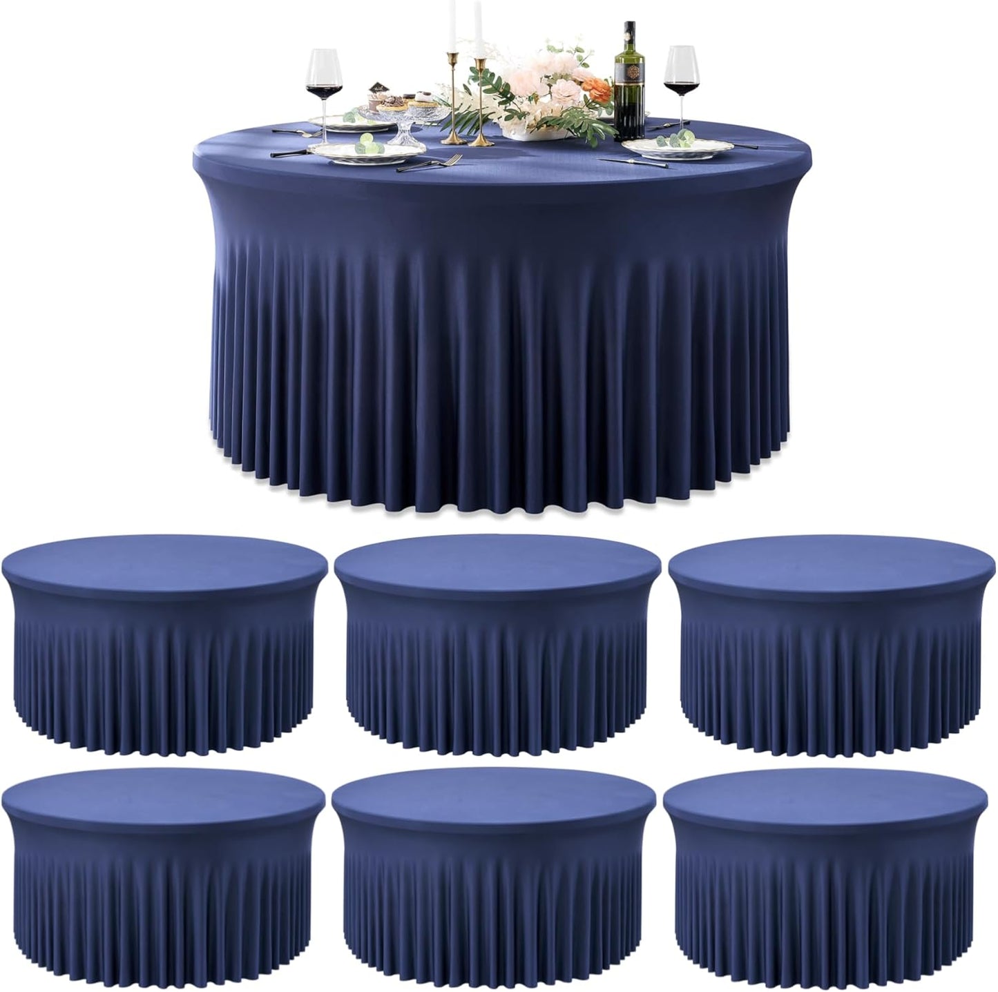 Outpain 6 Pack Black Round Spandex Tablecloth for 60 Inch/5FT Tables - Stretchy Table Cloth with Skirt, Wrinkle-Free Fitted Cloth for Wedding Vendor, Banquet & Graduation Decor (120" Round)