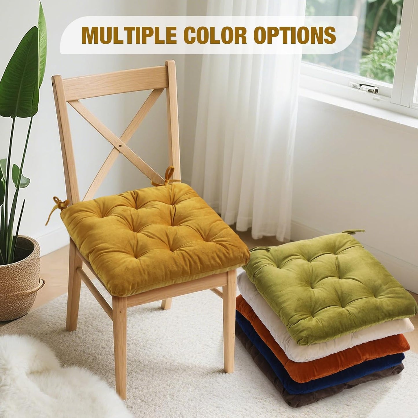 Nuanchu Memory Foam Chair Cushions Set of 4, Thick Indoor Seat Cushions for Dining Chairs Tufted Seat Pads for Kitchen, Dining Room, Office,(Turmeric Yellow,15.5"x15.5"x4")