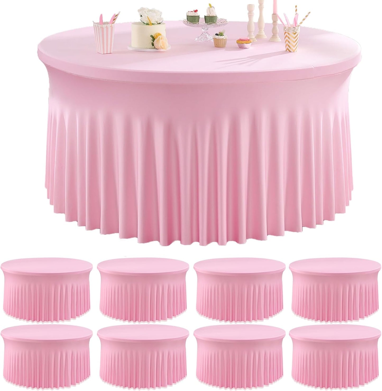 8 Pack White Round Spandex Tablecloth for 60 inch Table, Wrinkle Free Stretchy 120inch Fitted 5FT Round Table Cloths Cover with Skirt for Wedding Birthday Party Dining Banquet Events