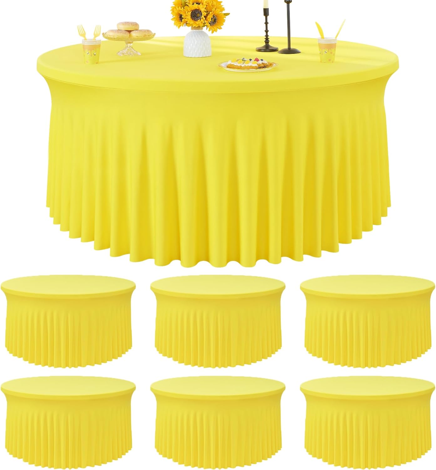 8 Pack White Round Spandex Tablecloth for 60 inch Table, Wrinkle Free Stretchy 120inch Fitted 5FT Round Table Cloths Cover with Skirt for Wedding Birthday Party Dining Banquet Events
