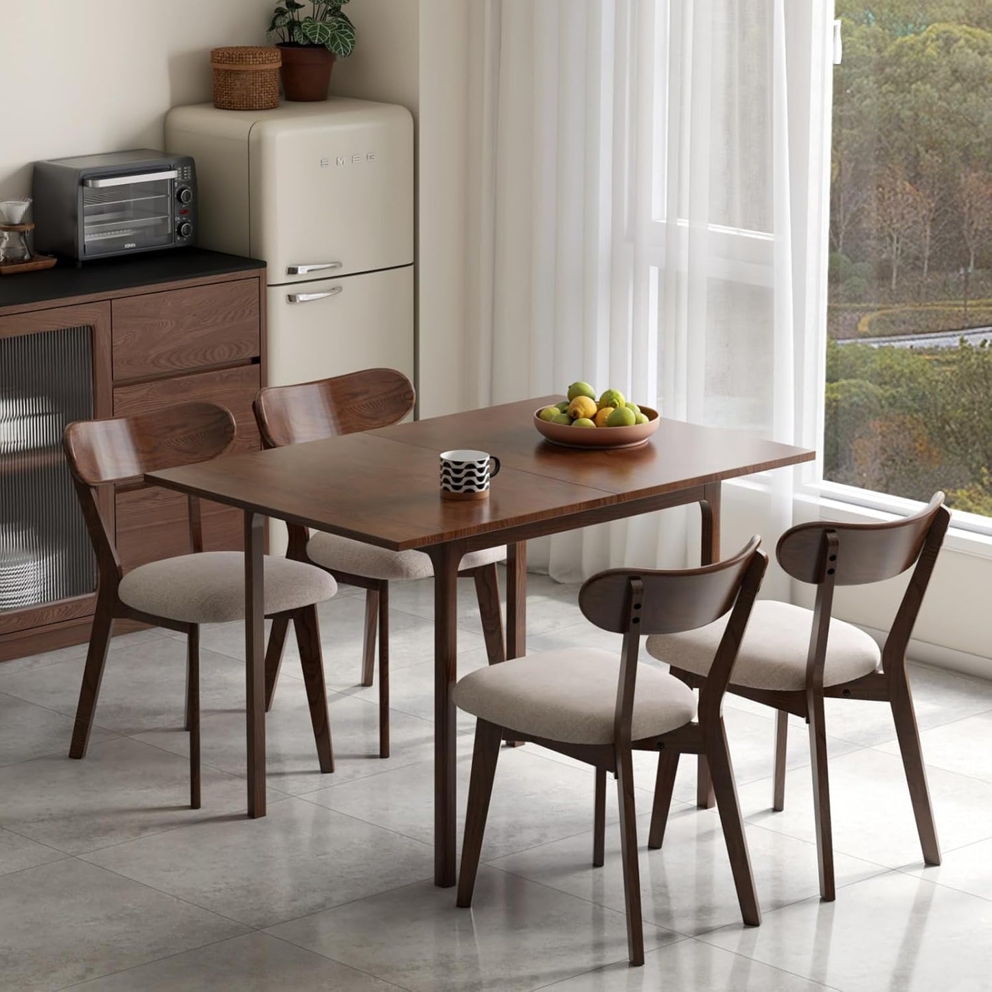 Foldable Dining Table for 4, 100% Solid Wood Folding Kitchen Table with Oak Wood Legs, Modern Dinner Table for Dining Room, Living Room, Kitchen, Small Space, Walnut