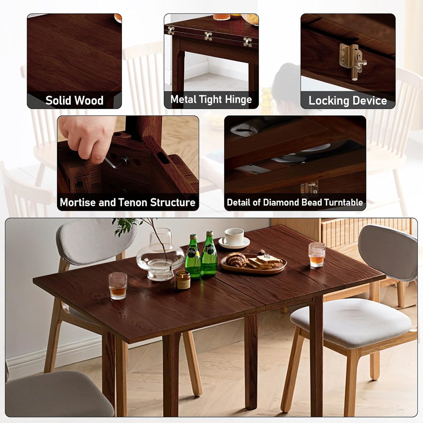 48" Folding Dining Table, Modern Solid Wood Dining Tables, Space Saving Square Desk, Dining Table for 6, Table Converts to Dining Table for Living Room, Home Office (Walnut-Colored)