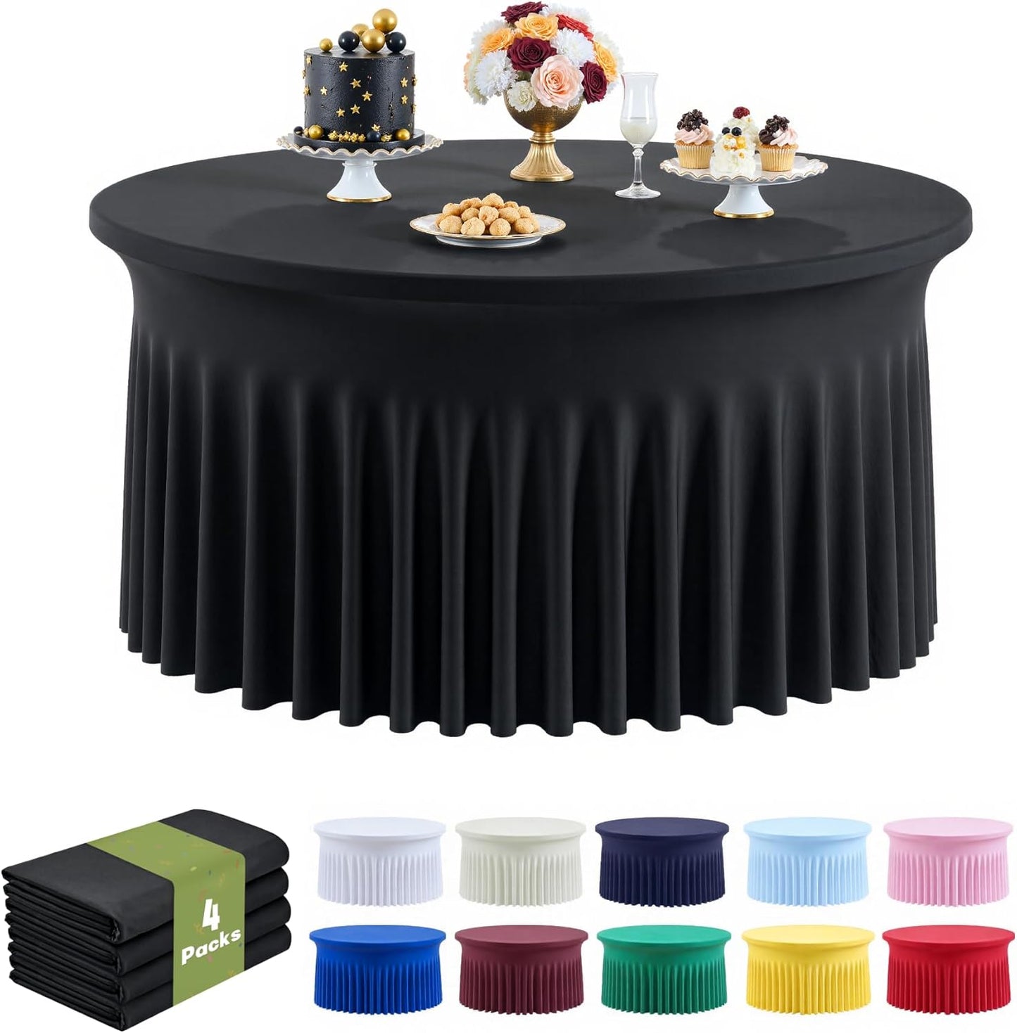 Outpain 6 Pack Black Round Spandex Tablecloth for 60 Inch/5FT Tables - Stretchy Table Cloth with Skirt, Wrinkle-Free Fitted Cloth for Wedding Vendor, Banquet & Graduation Decor (120" Round)