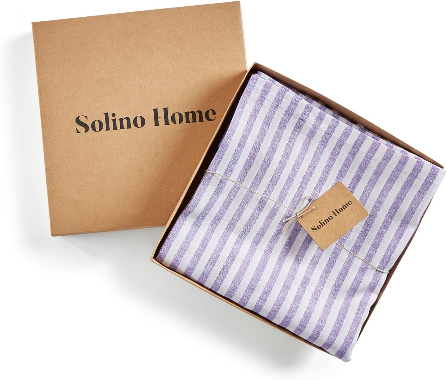 Solino Home Linen Round Tablecloth 70 Inch - Amalfi Stripe, 100% Pure Linen Violet and White Round Tablecloth - Machine Washable Table Cloth for Summer