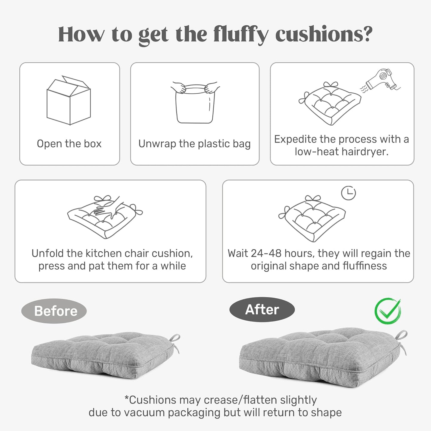 puredown® Chair Cushions for Dining Chairs, Tufted Memory Foam Chair Pads with Non-Slip Backing, Kitchen Seat Cushions with Ties, Washable Seat Pad Set of 4, 15.5" x 15.5" x 4", Black