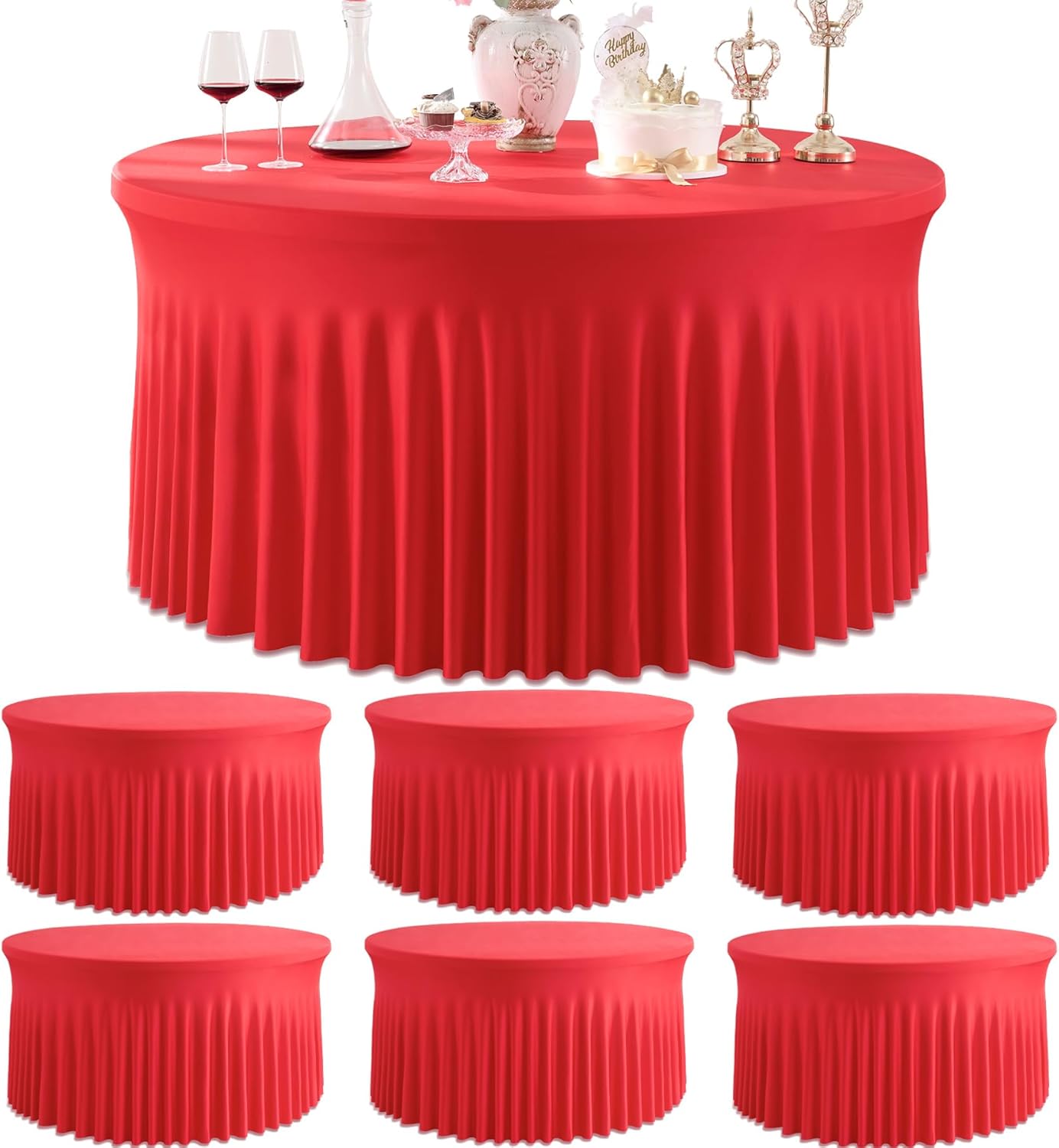 8 Pack White Round Spandex Tablecloth for 60 inch Table, Wrinkle Free Stretchy 120inch Fitted 5FT Round Table Cloths Cover with Skirt for Wedding Birthday Party Dining Banquet Events