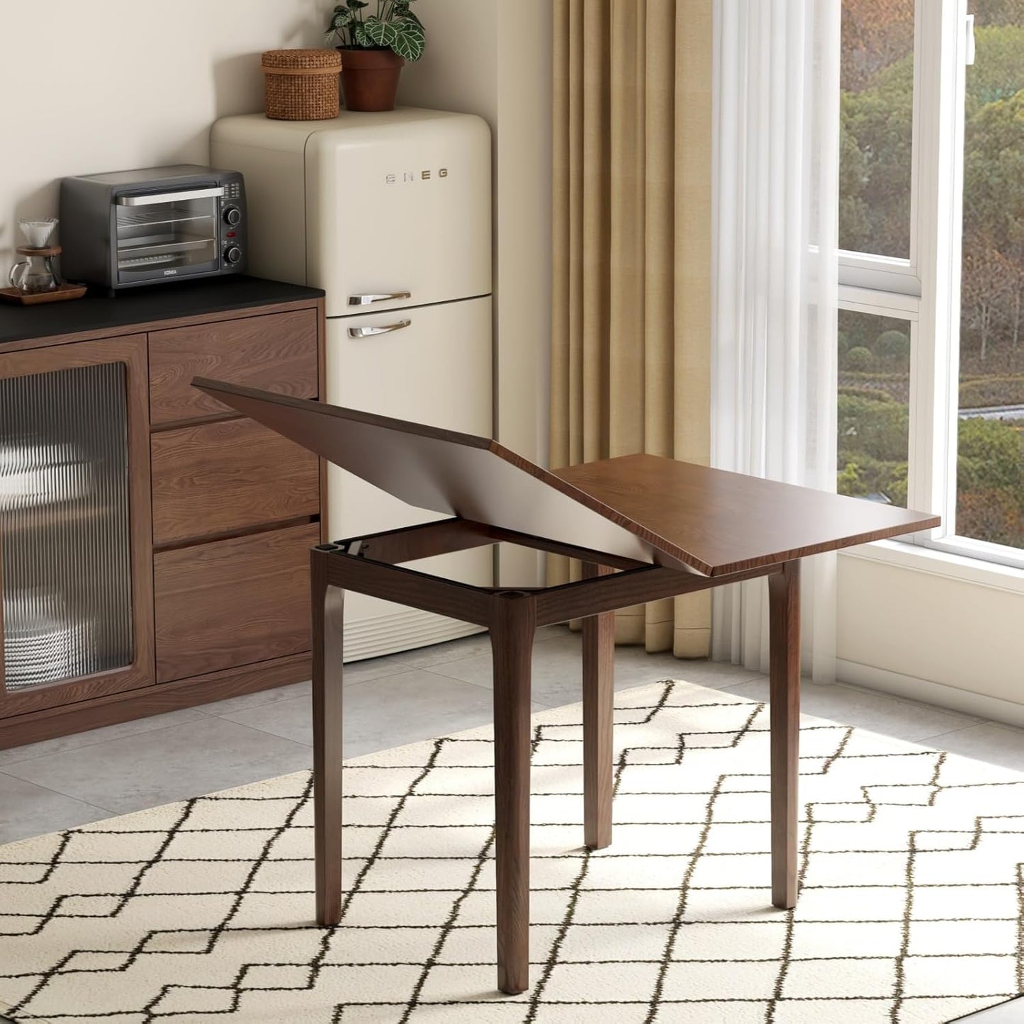 Foldable Dining Table for 4, 100% Solid Wood Folding Kitchen Table with Oak Wood Legs, Modern Dinner Table for Dining Room, Living Room, Kitchen, Small Space, Walnut
