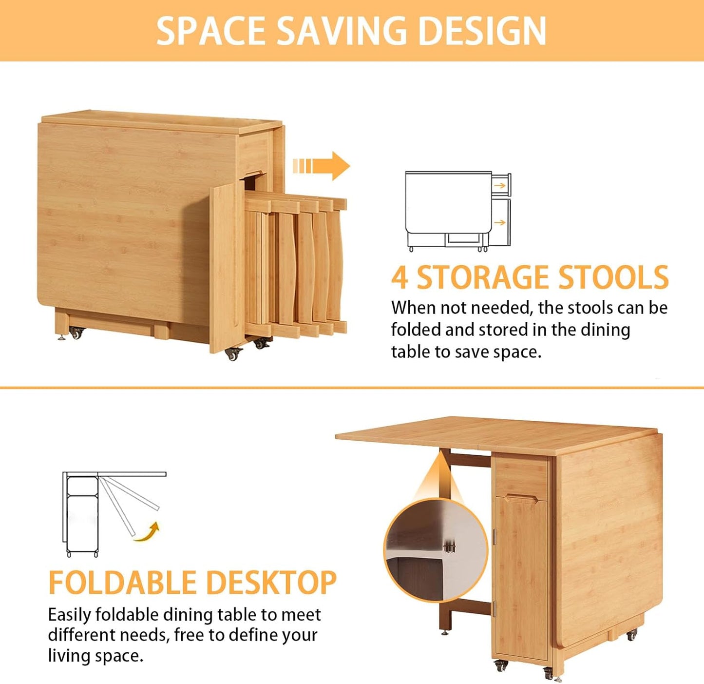 Folding Dining Table Set for 4,Drop Leaf Tables with Foldable Chairs Bamboo Collapsible Dinette Table for Saving Small Spaces Kitchen Dining Room,No Assembly Required(Wood)