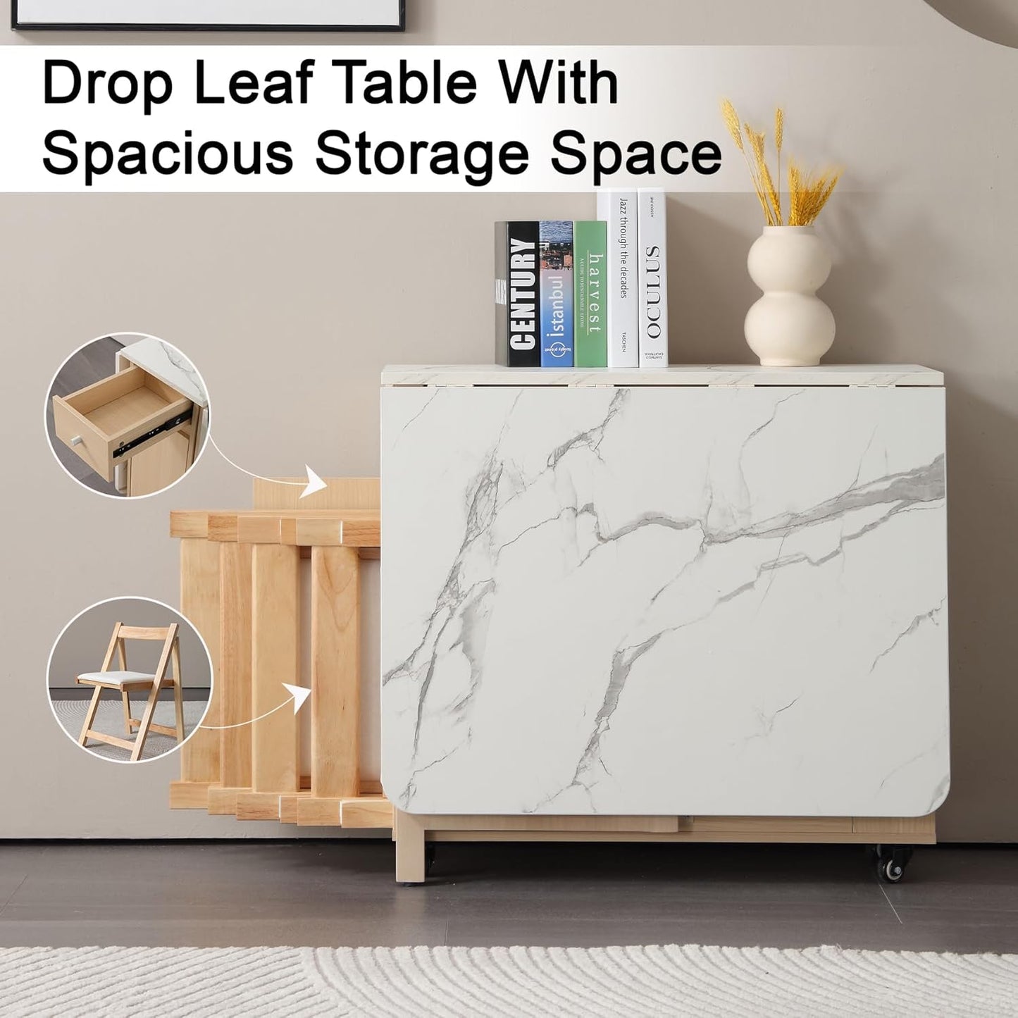 Drop Leaf Table Extendable, Foldable Kitchen Table Space Saving, Folding Dining Table with 2 Drawers and 4 Wheels, Dining Table for Living Room, Farmhouse, RV(Marble Wood)