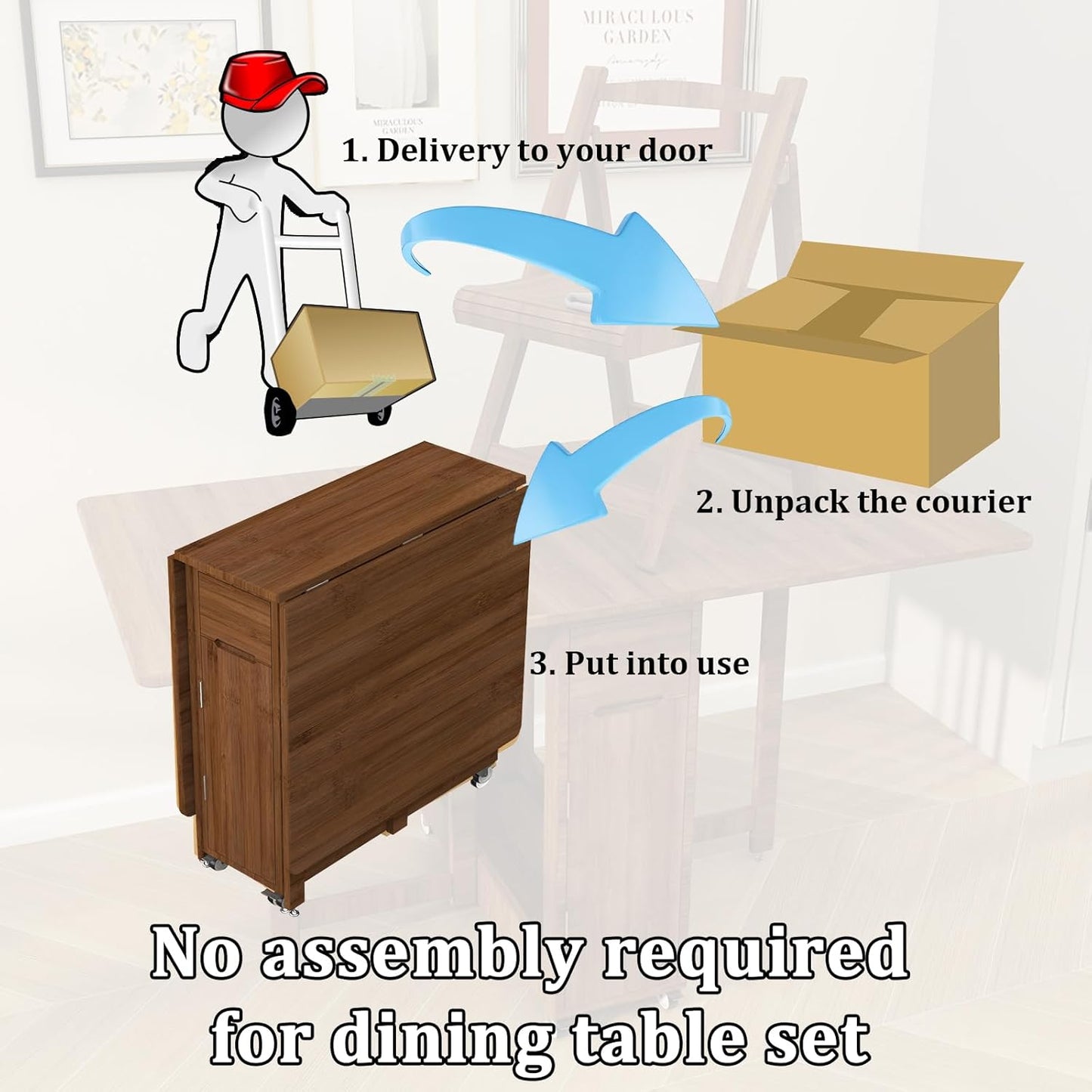 Folding Dining Table Set for 4 with Foldable Chairs, Bamboo Crafted Dining Room Furniture Sets, Drop-Leaf Design Dinette with Storage, Saver 80% Kitchen Space, No Assembly Required (Brown)