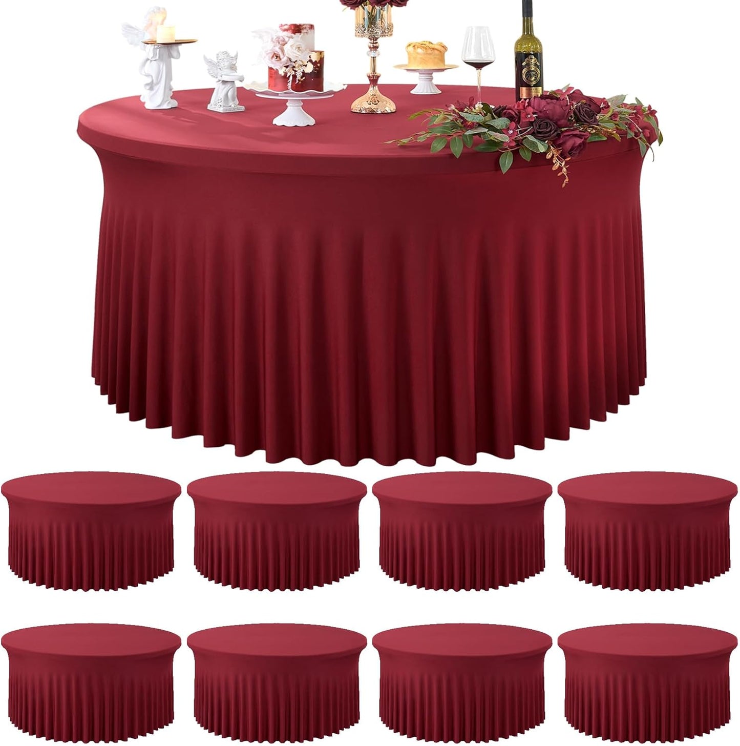 8 Pack White Round Spandex Tablecloth for 60 inch Table, Wrinkle Free Stretchy 120inch Fitted 5FT Round Table Cloths Cover with Skirt for Wedding Birthday Party Dining Banquet Events