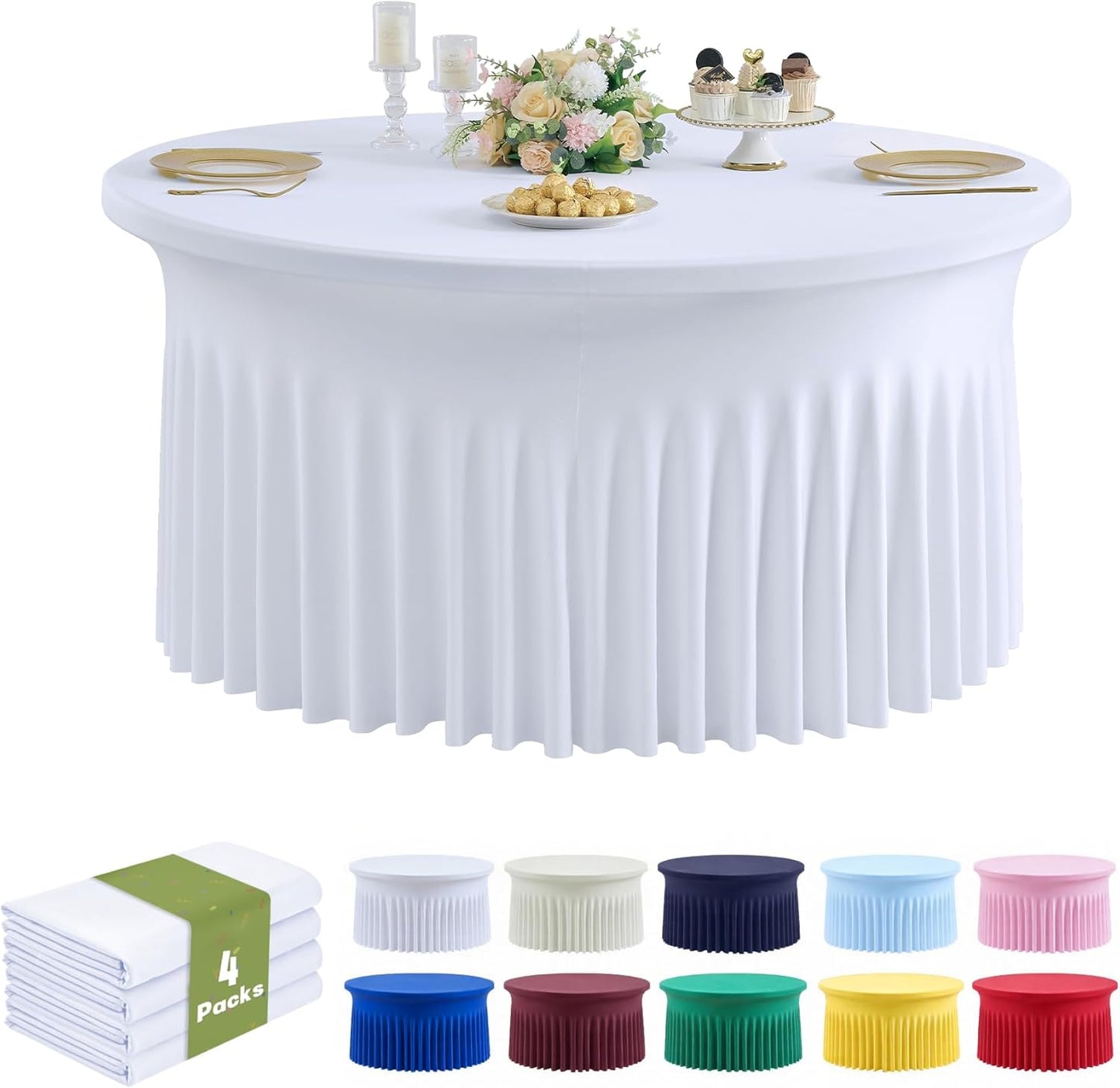 Outpain 6 Pack Black Round Spandex Tablecloth for 60 Inch/5FT Tables - Stretchy Table Cloth with Skirt, Wrinkle-Free Fitted Cloth for Wedding Vendor, Banquet & Graduation Decor (120" Round)