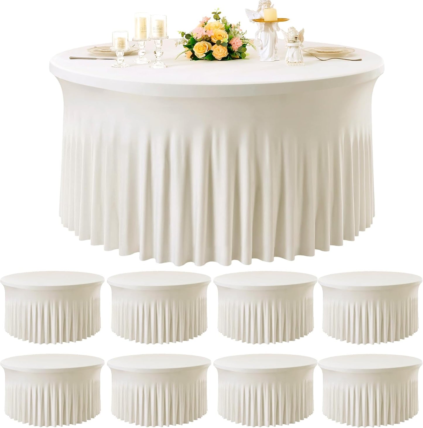 8 Pack White Round Spandex Tablecloth for 60 inch Table, Wrinkle Free Stretchy 120inch Fitted 5FT Round Table Cloths Cover with Skirt for Wedding Birthday Party Dining Banquet Events