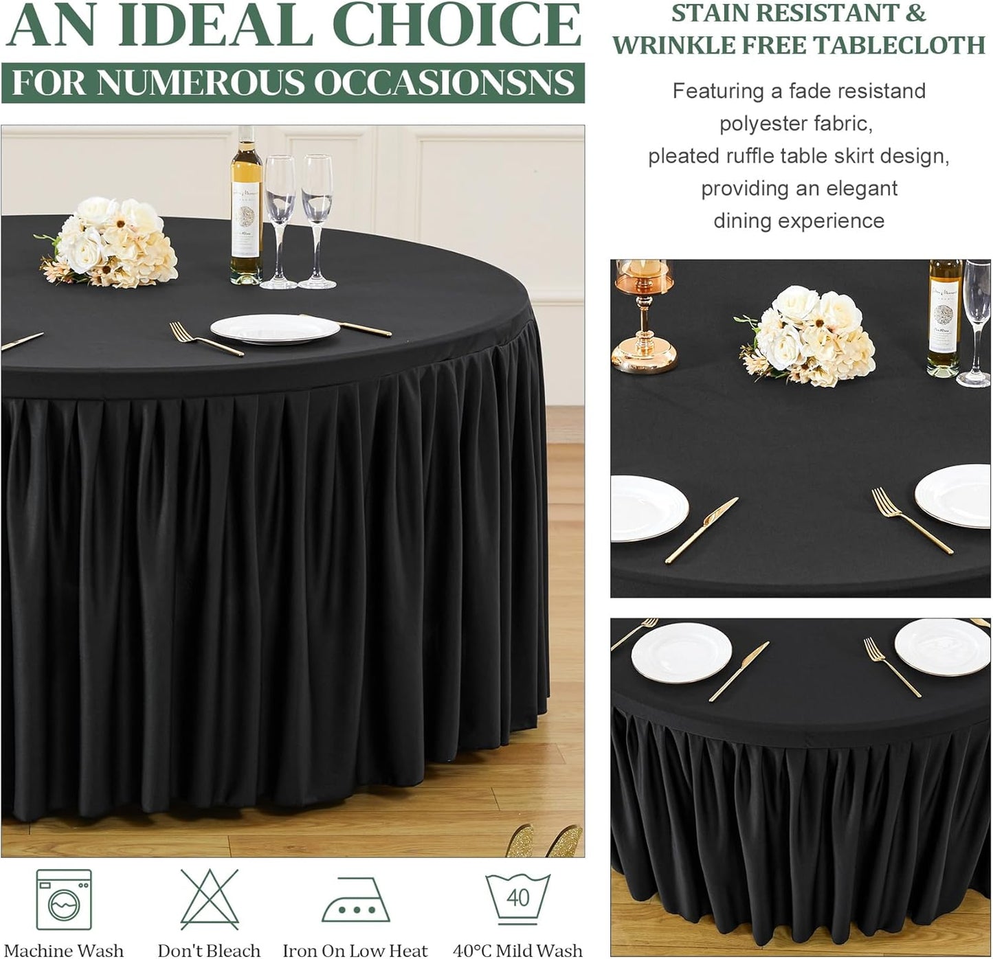 72Inch Black Round Tablecloth,8 Pack Wrinkle Resistant 6ft Spandex Tablecloth,Washable Stretchy Polyester Table Cloth Round Cover for Dining Table,Wedding,Reception Banquet, Birthday Party, Buffet