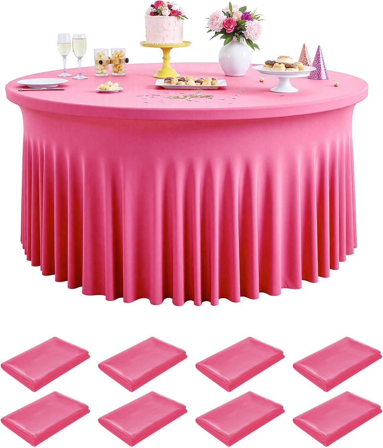 Outpain 6 Pack Black Round Spandex Tablecloth for 60 Inch/5FT Tables - Stretchy Table Cloth with Skirt, Wrinkle-Free Fitted Cloth for Wedding Vendor, Banquet & Graduation Decor (120" Round)
