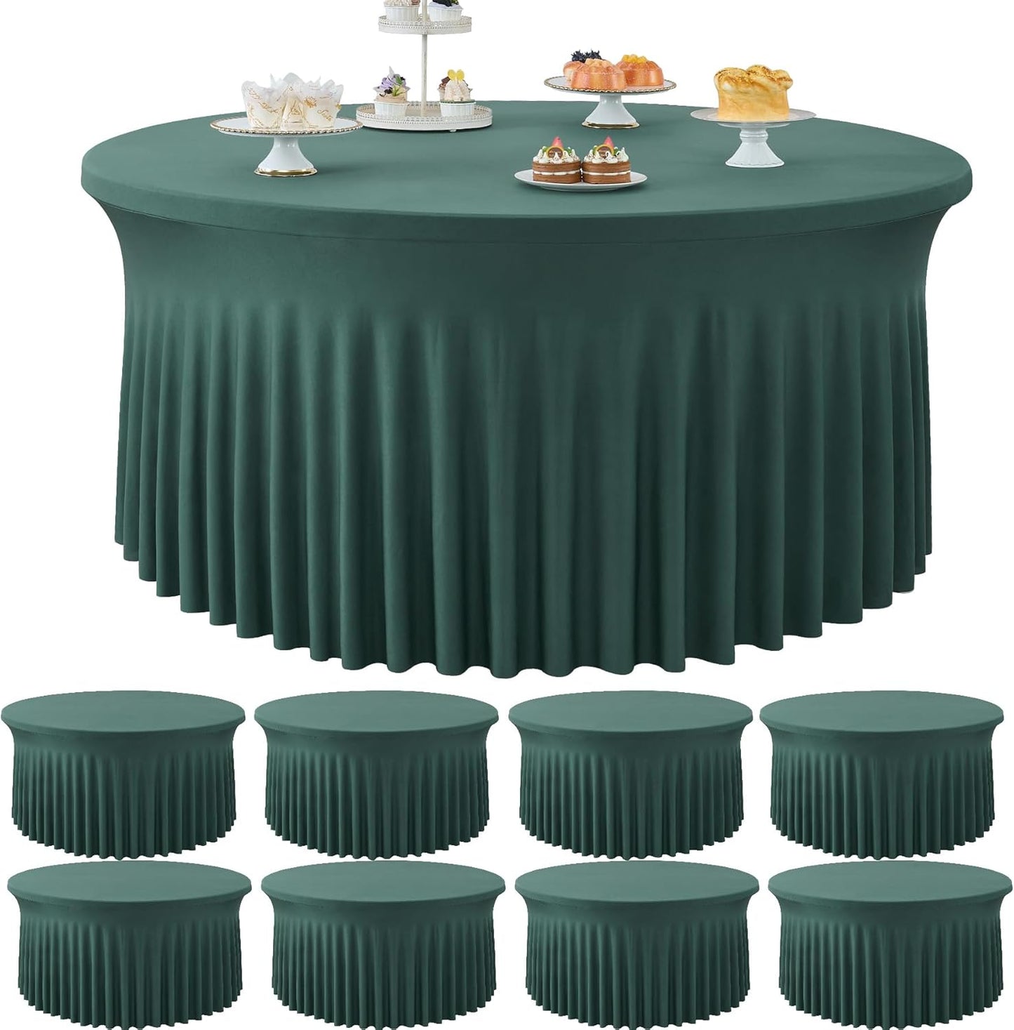 8 Pack White Round Spandex Tablecloth for 60 inch Table, Wrinkle Free Stretchy 120inch Fitted 5FT Round Table Cloths Cover with Skirt for Wedding Birthday Party Dining Banquet Events