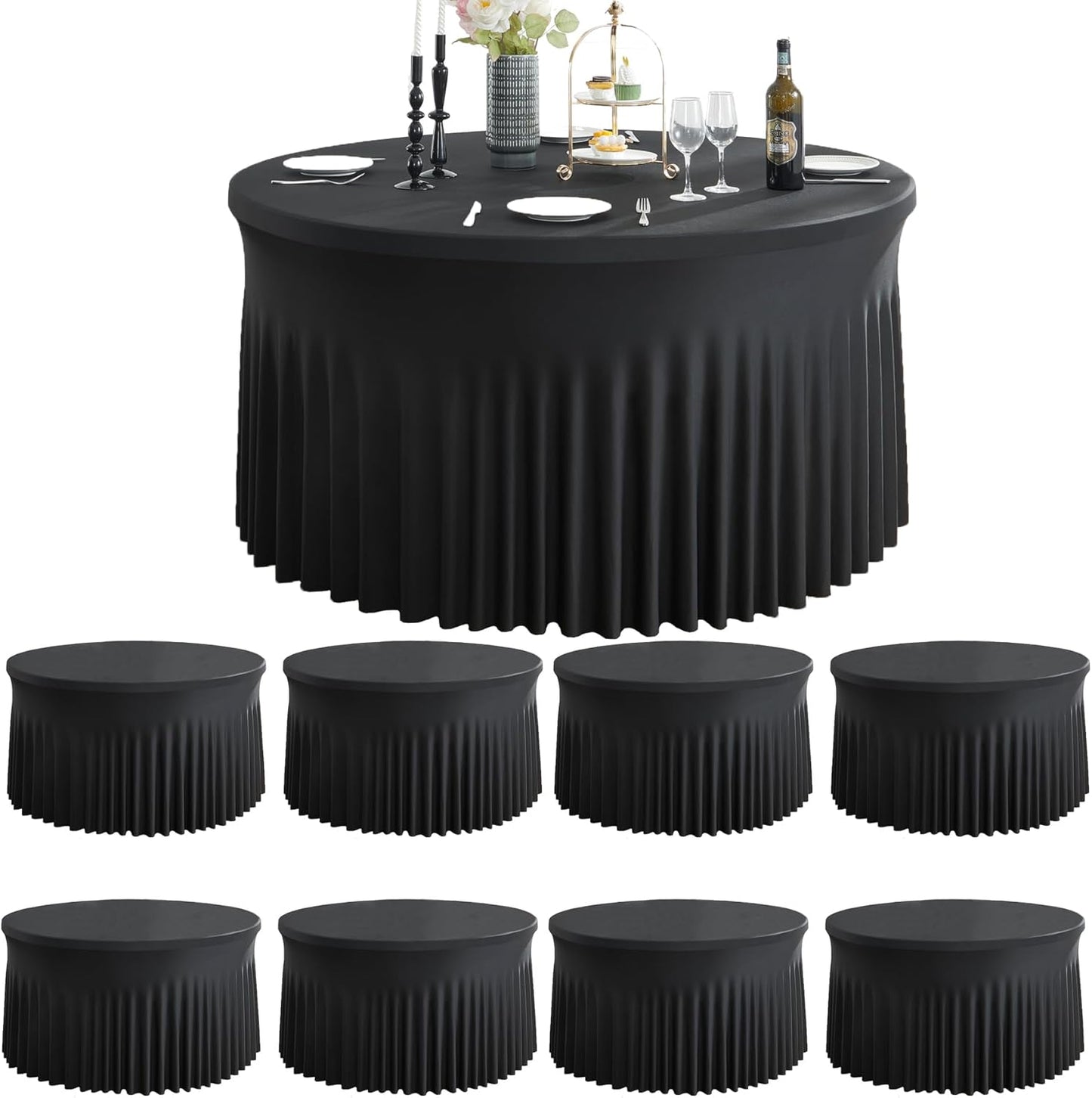 8 Pack White Round Spandex Tablecloth for 60 inch Table, Wrinkle Free Stretchy 120inch Fitted 5FT Round Table Cloths Cover with Skirt for Wedding Birthday Party Dining Banquet Events