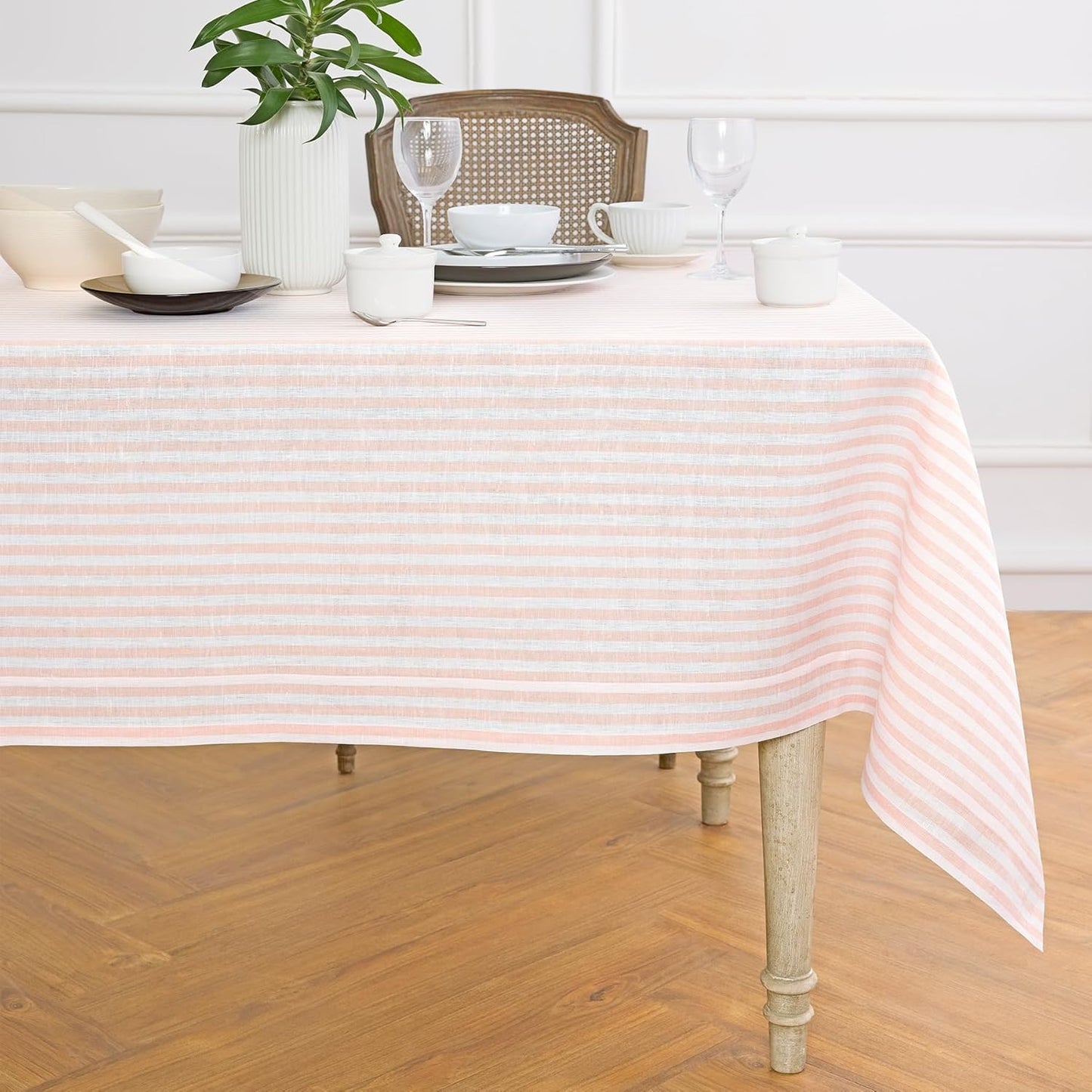 Solino Home Linen Round Tablecloth 70 Inch - Amalfi Stripe, 100% Pure Linen Violet and White Round Tablecloth - Machine Washable Table Cloth for Summer