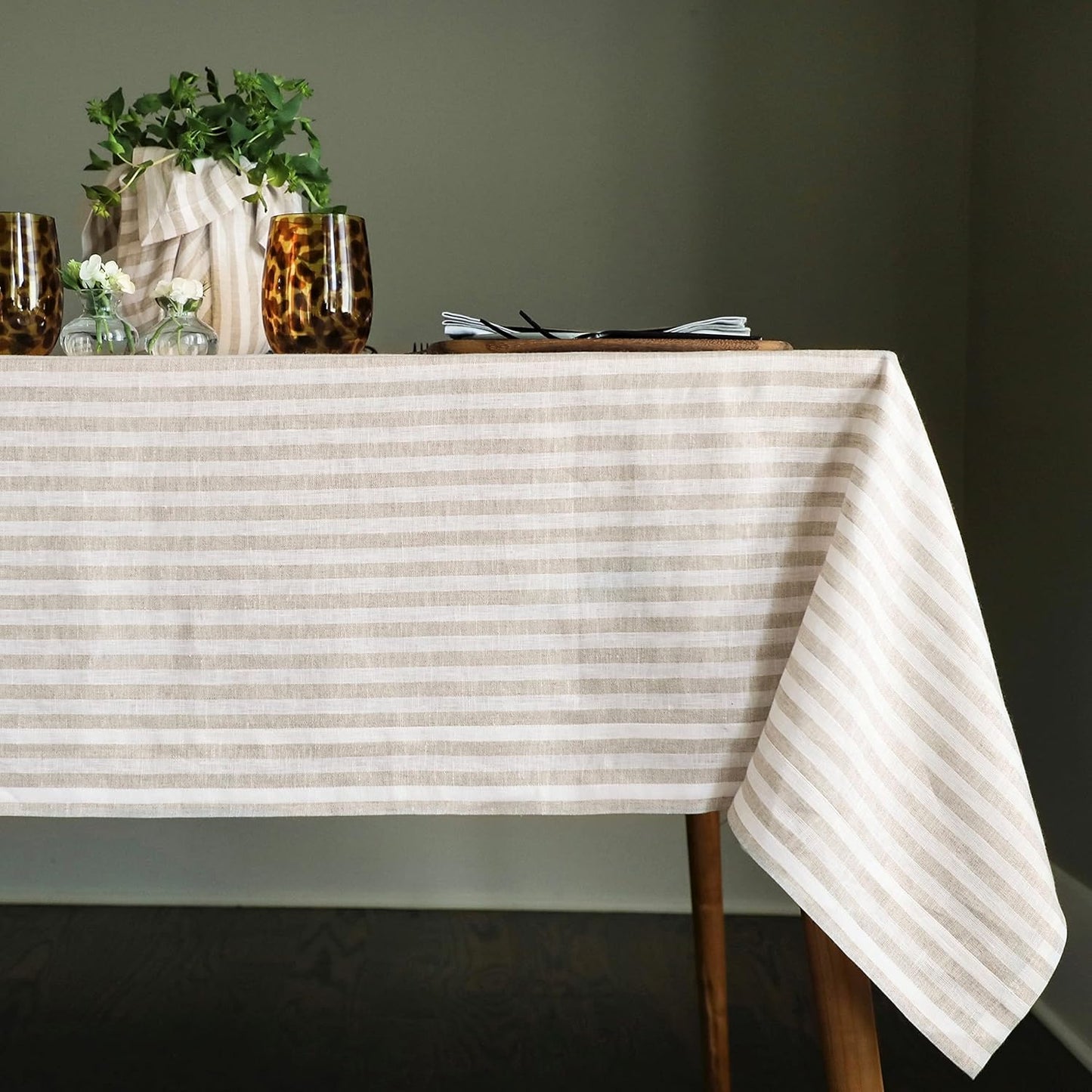 Solino Home Linen Round Tablecloth 70 Inch - Amalfi Stripe, 100% Pure Linen Violet and White Round Tablecloth - Machine Washable Table Cloth for Summer