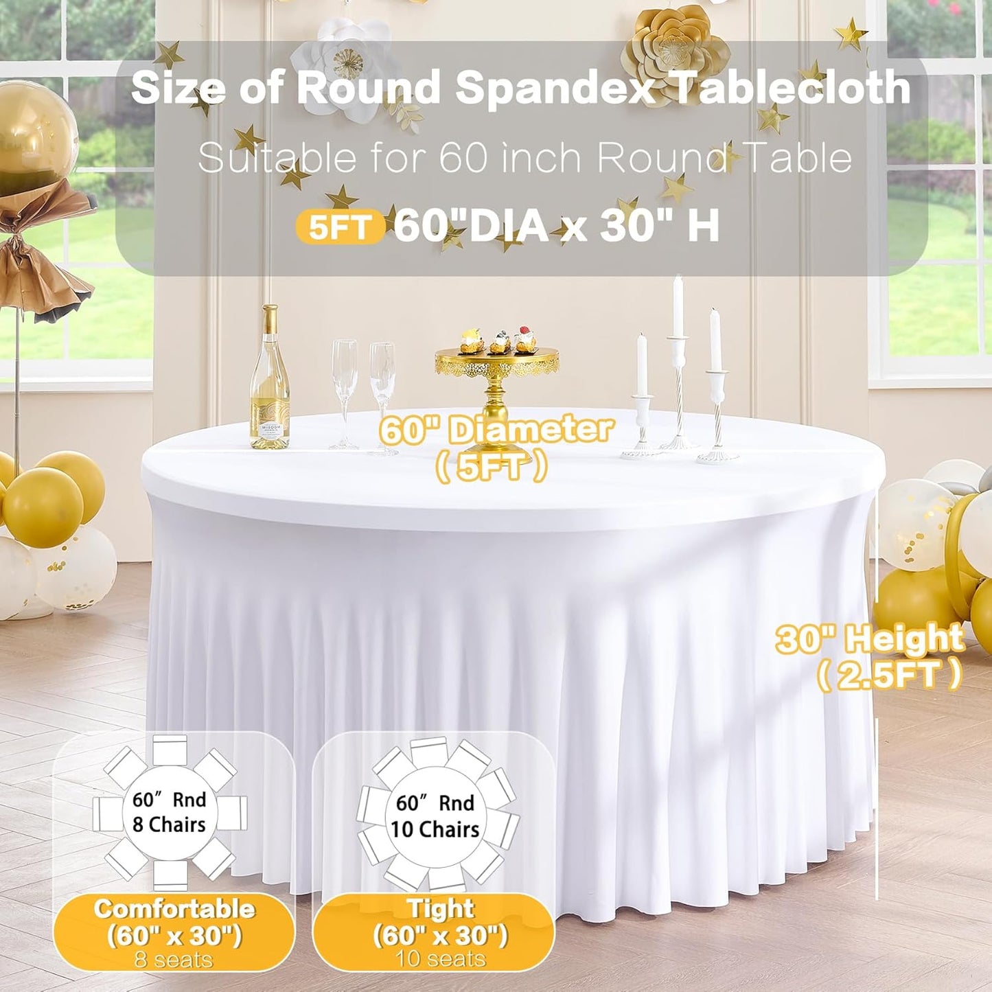 8 Pack White Round Spandex Tablecloth for 60 inch Table, Wrinkle Free Stretchy 120inch Fitted 5FT Round Table Cloths Cover with Skirt for Wedding Birthday Party Dining Banquet Events