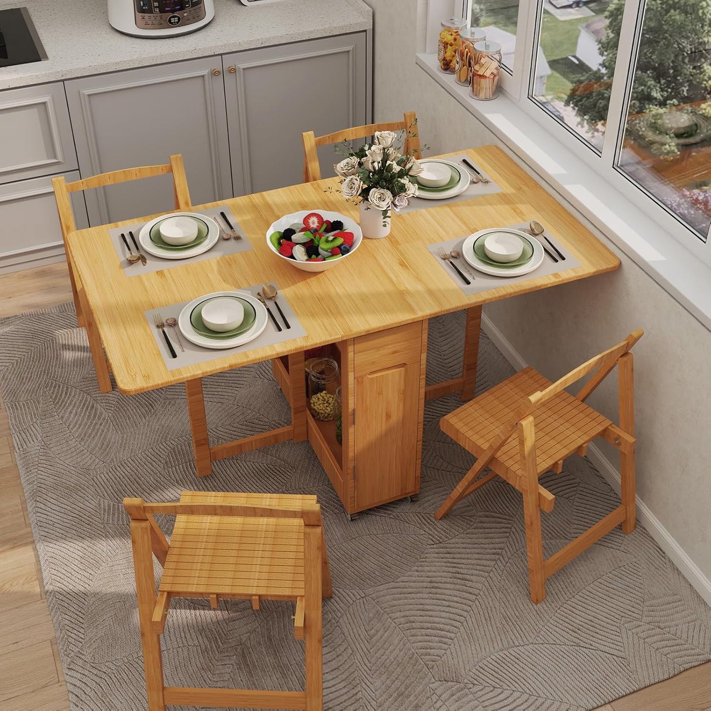 Folding Dining Table Set for 4 with Foldable Chairs, Bamboo Crafted Dining Room Furniture Sets, Drop-Leaf Design Dinette with Storage, Saver 80% Kitchen Space, No Assembly Required (Brown)